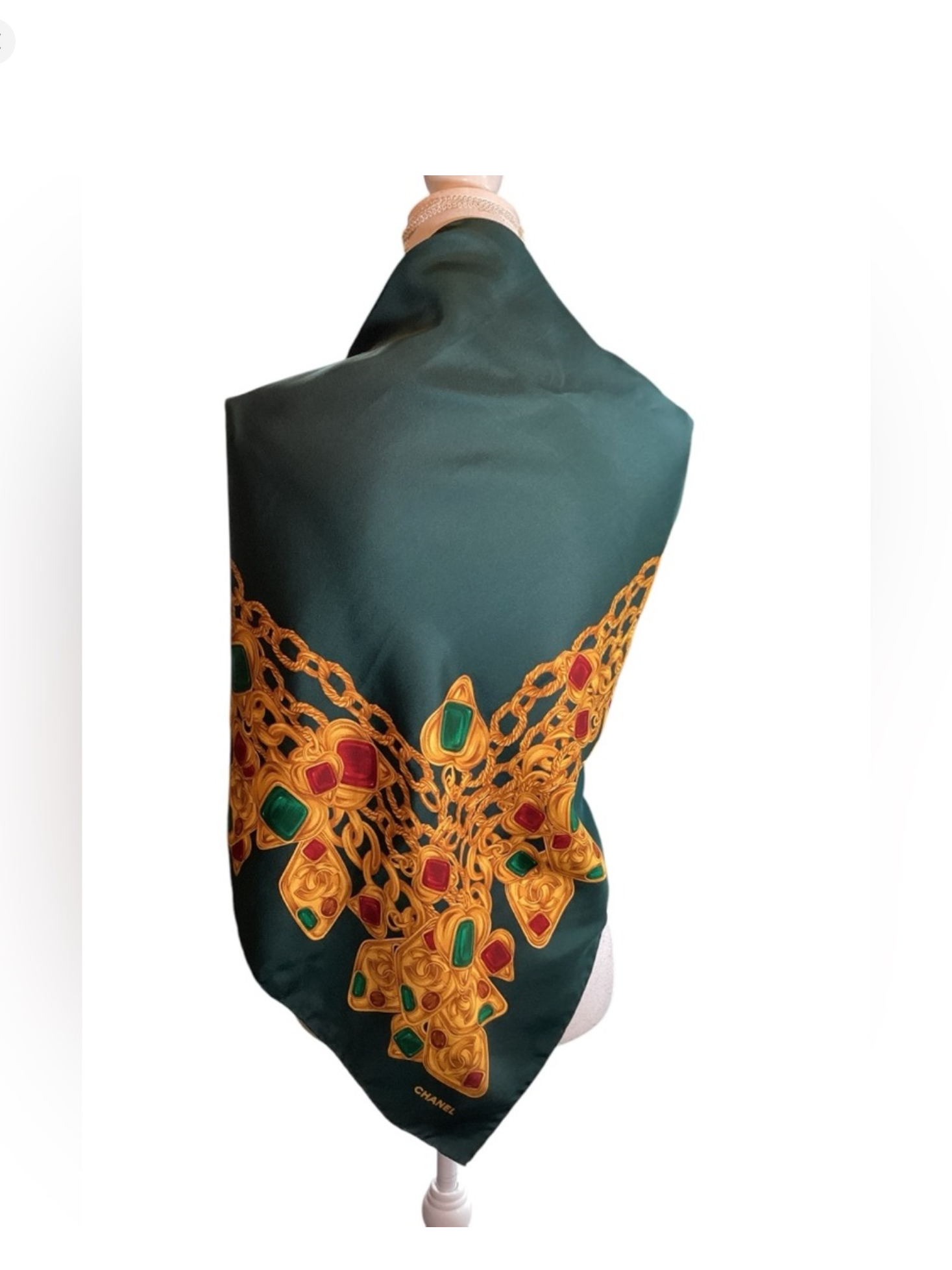 CHANEL Circa 1980's Green & Gripoix Silk Scarf