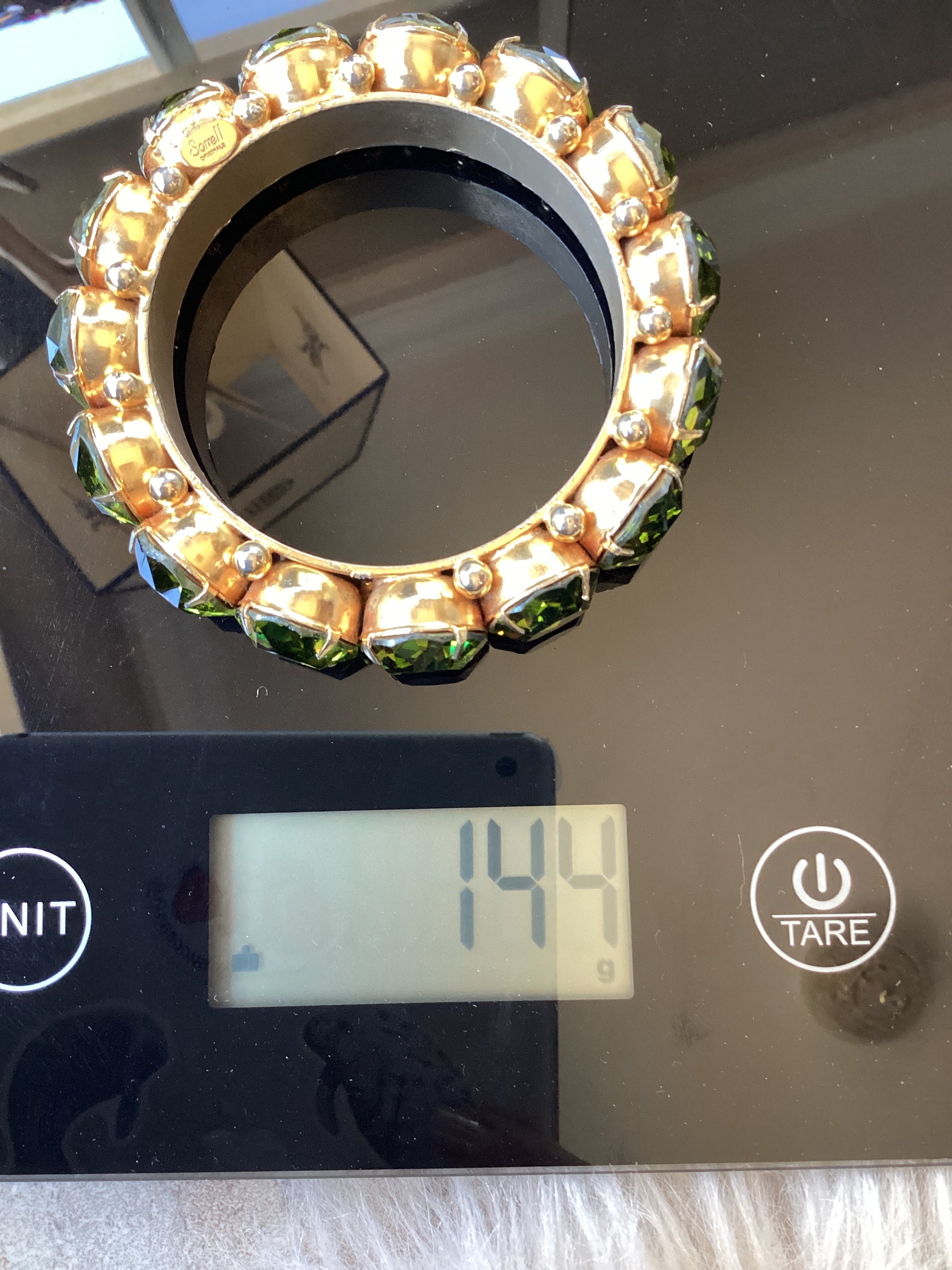 Rare Robert Sorrell Originals Couture Statement Bangle Bracelet - Massive Prismatic Olivine Crystals in 
Ornate Gold-Tone
