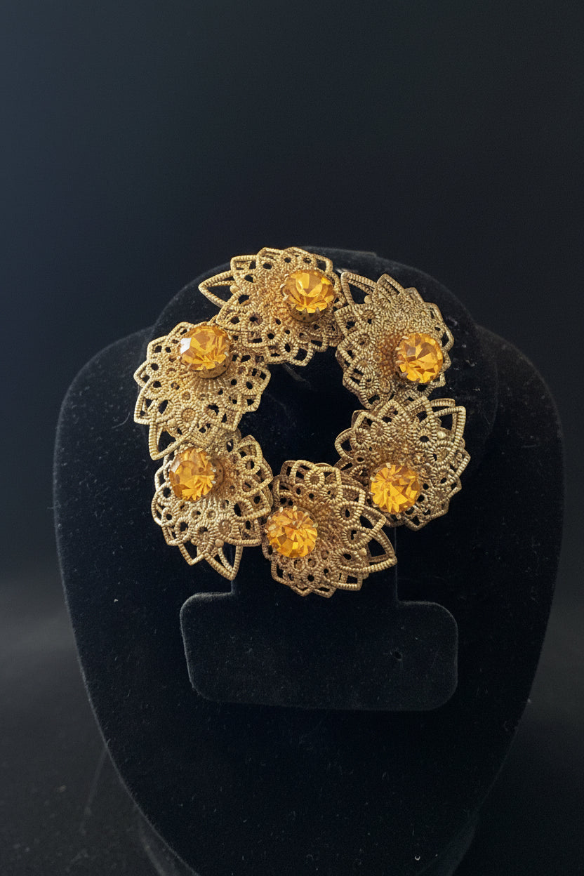 1950s West Germany Brass Filigree Citrine
Wreath Brooch