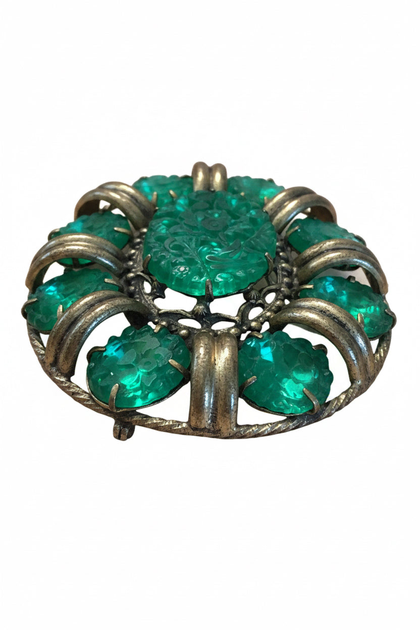Art Deco Era Green Glass Floral Brooch/Pendant