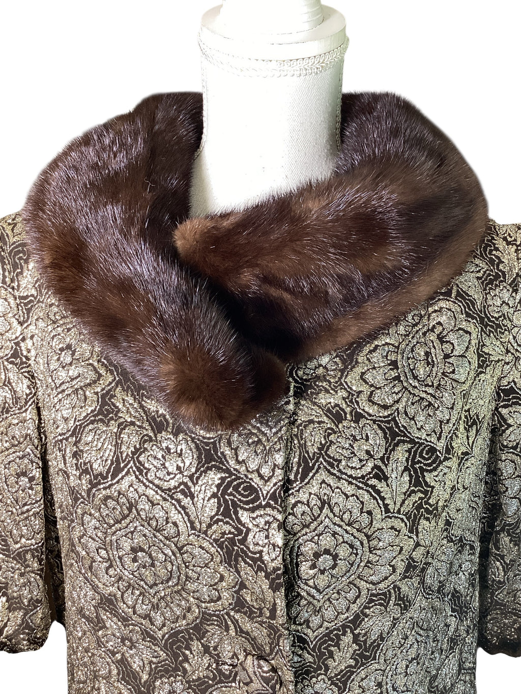 Vintage 1960s Custom Couture Brocade Shift Coat, Mahogany Mink Fur Collar & Cuffs