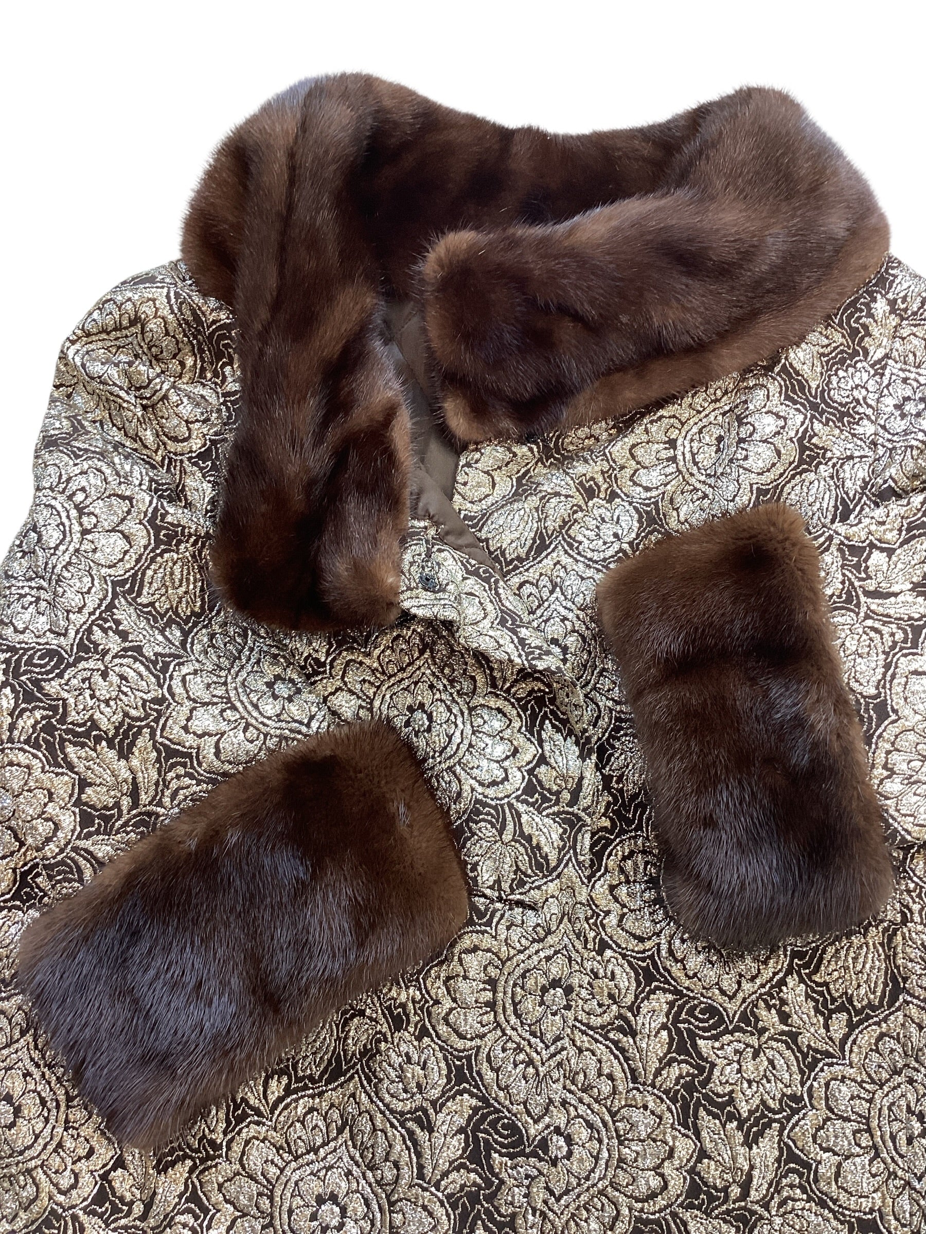Vintage 1960s Custom Couture Brocade Shift Coat, Mahogany Mink Fur Collar & Cuffs