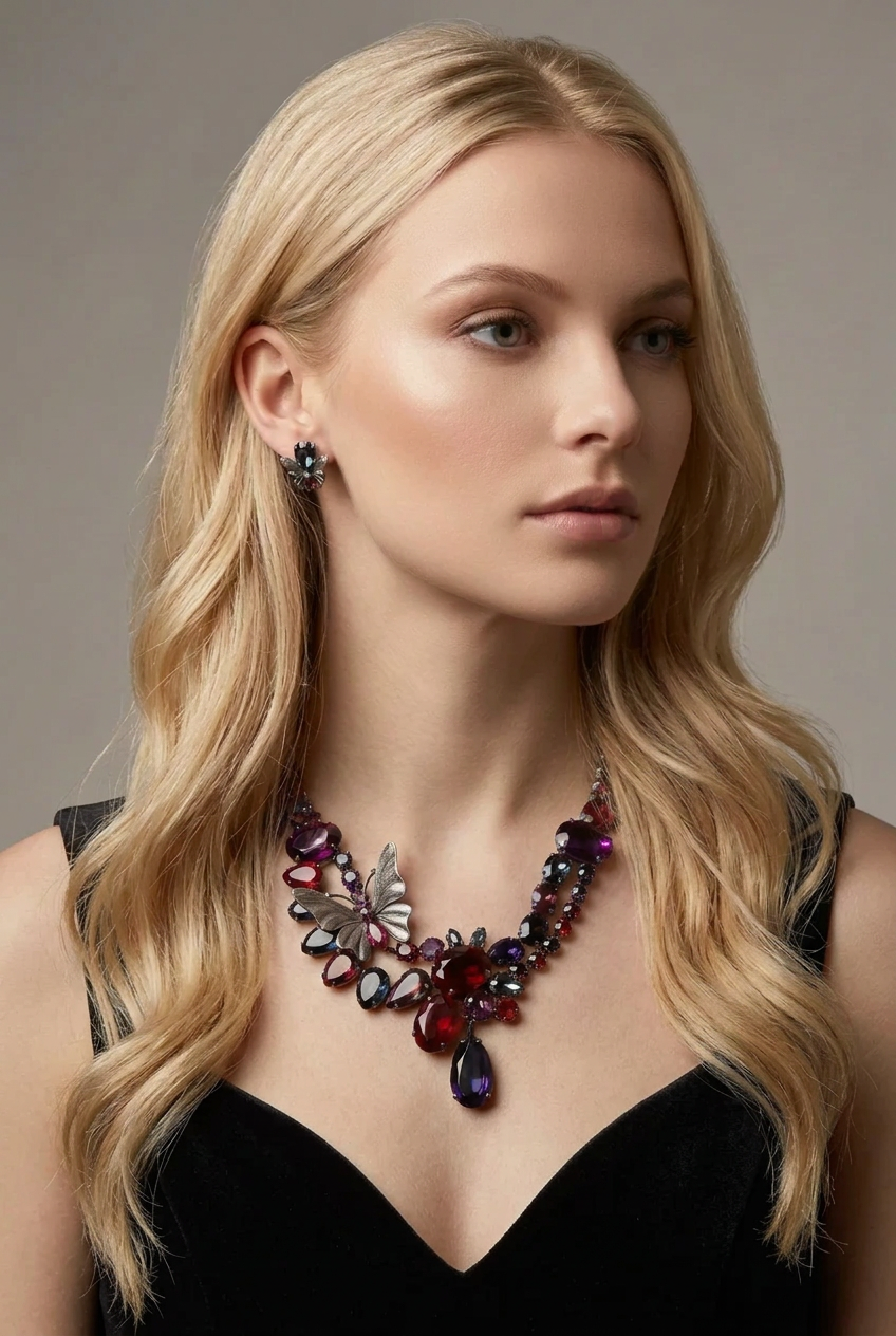 Signed Philippe Ferrandis Paris, Couture Jewel Tone Butterfly Necklace & Earrings Set