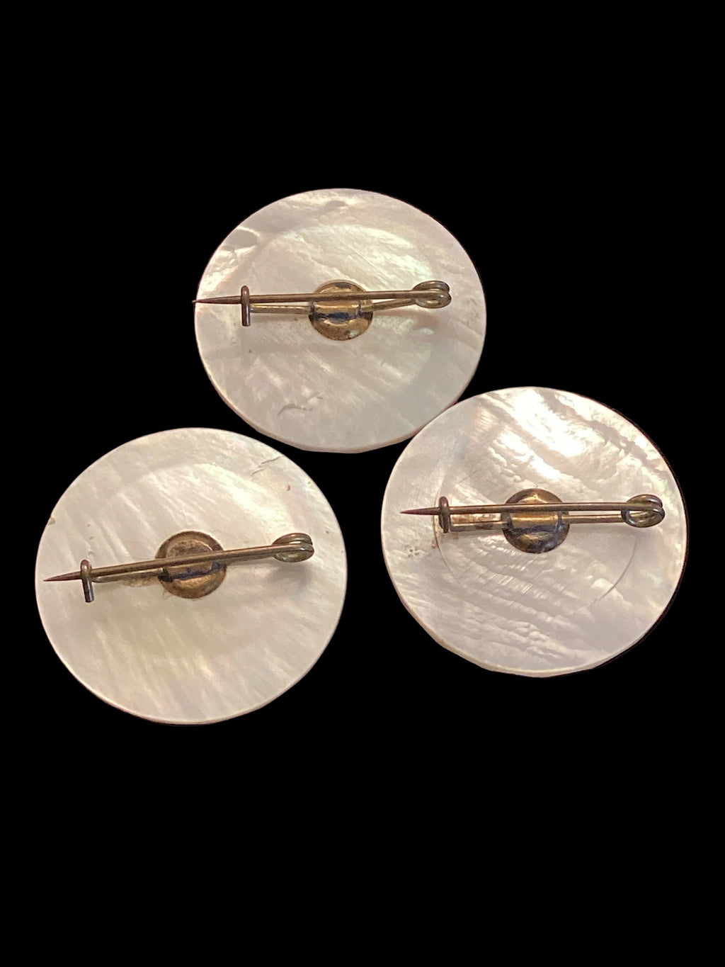 Antique Carved Mother of Pearl Sweetheart Pins Set of 3 Star Pattern Scalloped Edge C-Clasp Pre-1910