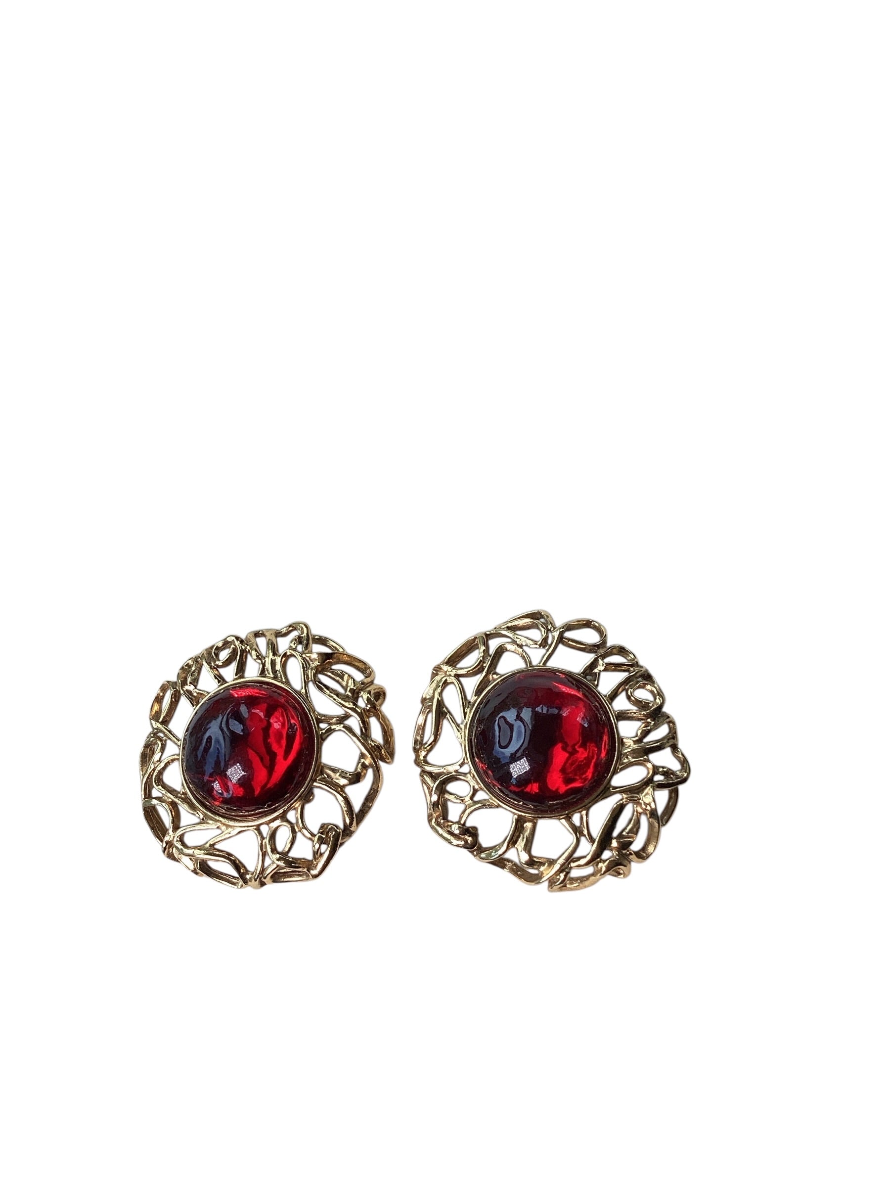 Circa 1980 YSL Goossens Openwork Red Cabochon Clip Earrings