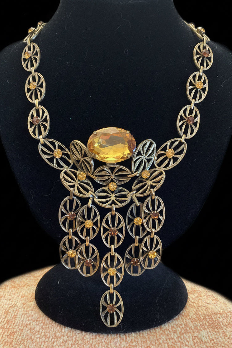 Antique Art Deco Brass Filigree Citrine Glass Necklace & Earrings Set