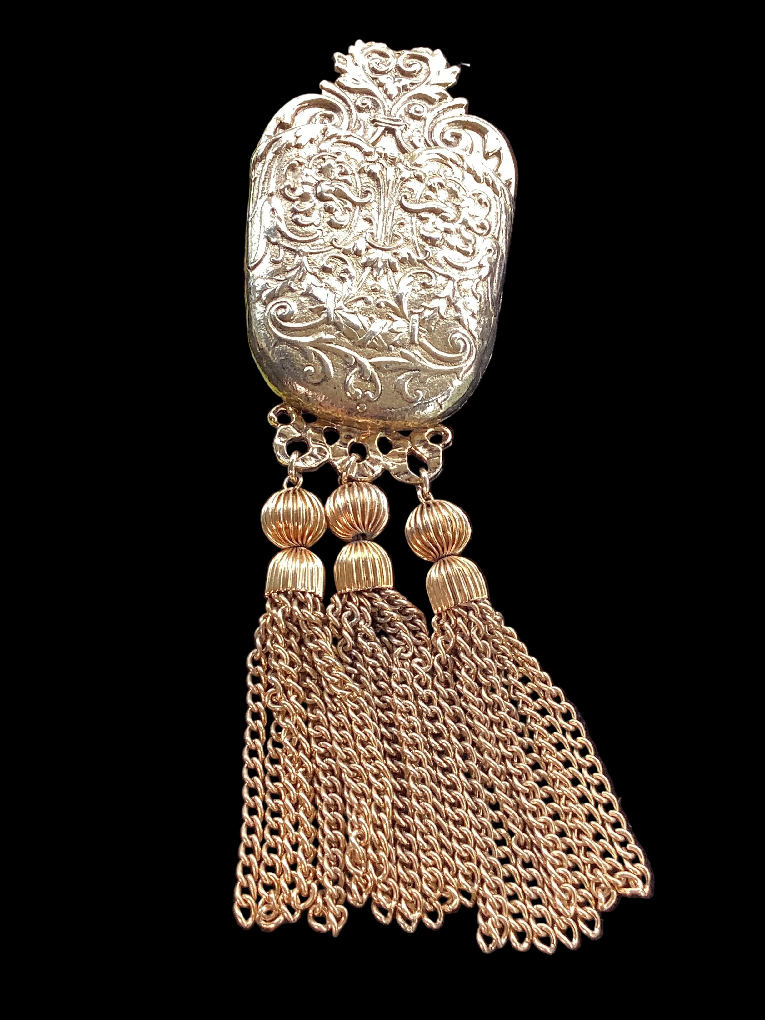 Circa 1960 Pauline Rader Etruscan Pouch Pendant Necklace & Matching Tassel Brooch Runway Couture Set