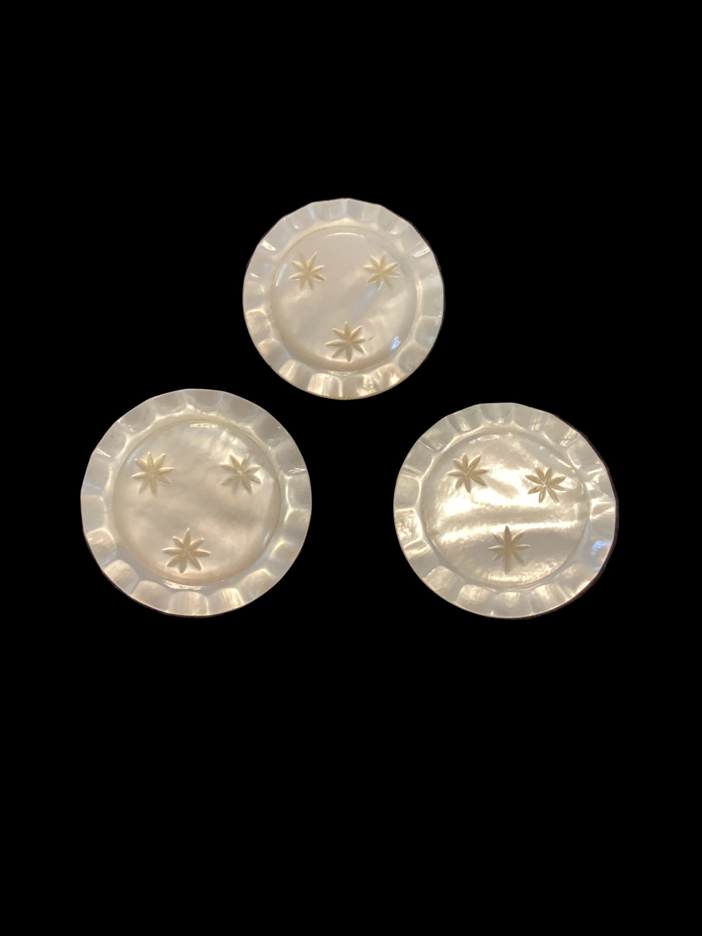 Antique Carved Mother of Pearl Sweetheart Pins Set of 3 Star Pattern Scalloped Edge C-Clasp Pre-1910