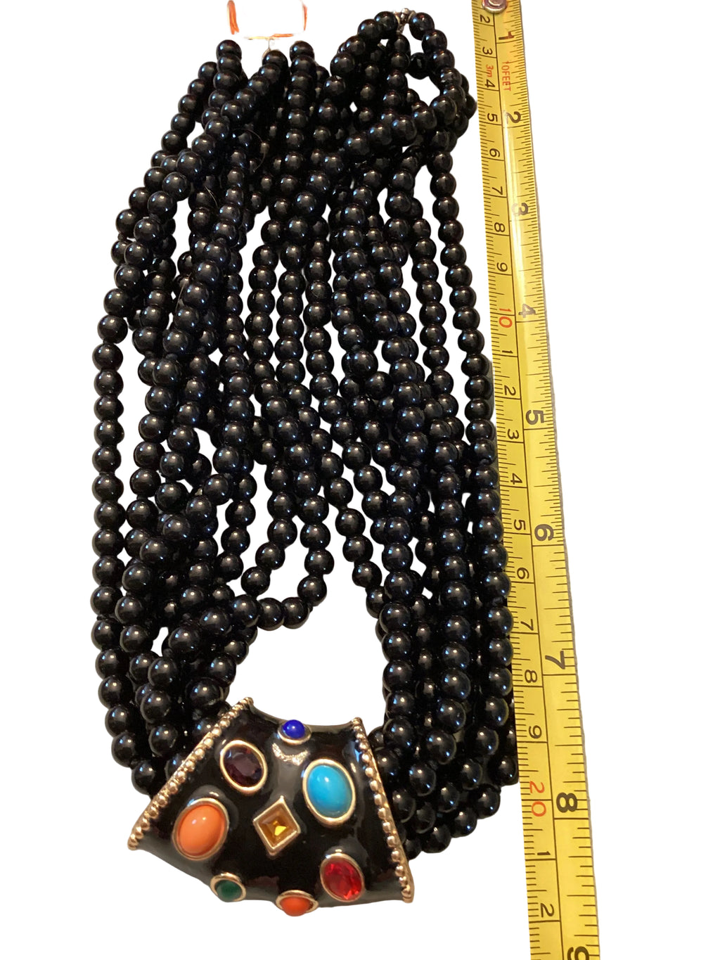 Circa 1980’s Kenneth Jay Lane KJL Multi-Strand Multi-Color Cabochon Black Enamel Necklace & Bangle Set