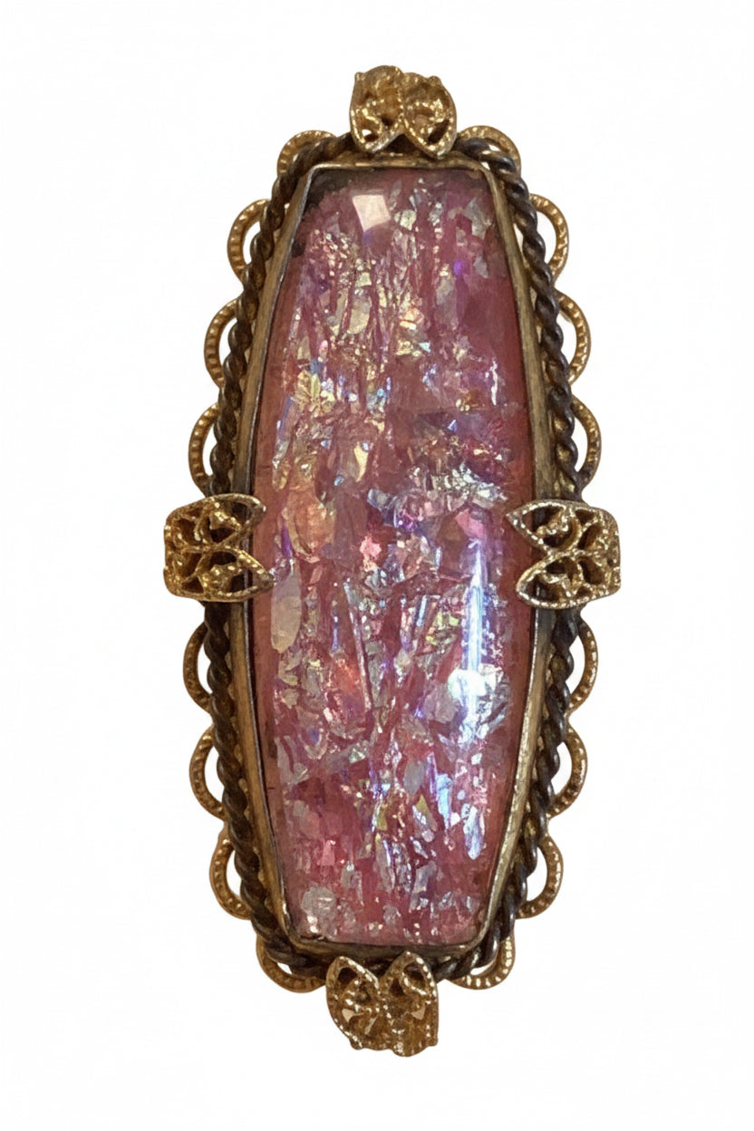 Circa 1880 Antique Victorian Bohemian Flamed Glass Brooch, Gilt Filigree Open Hook Pin