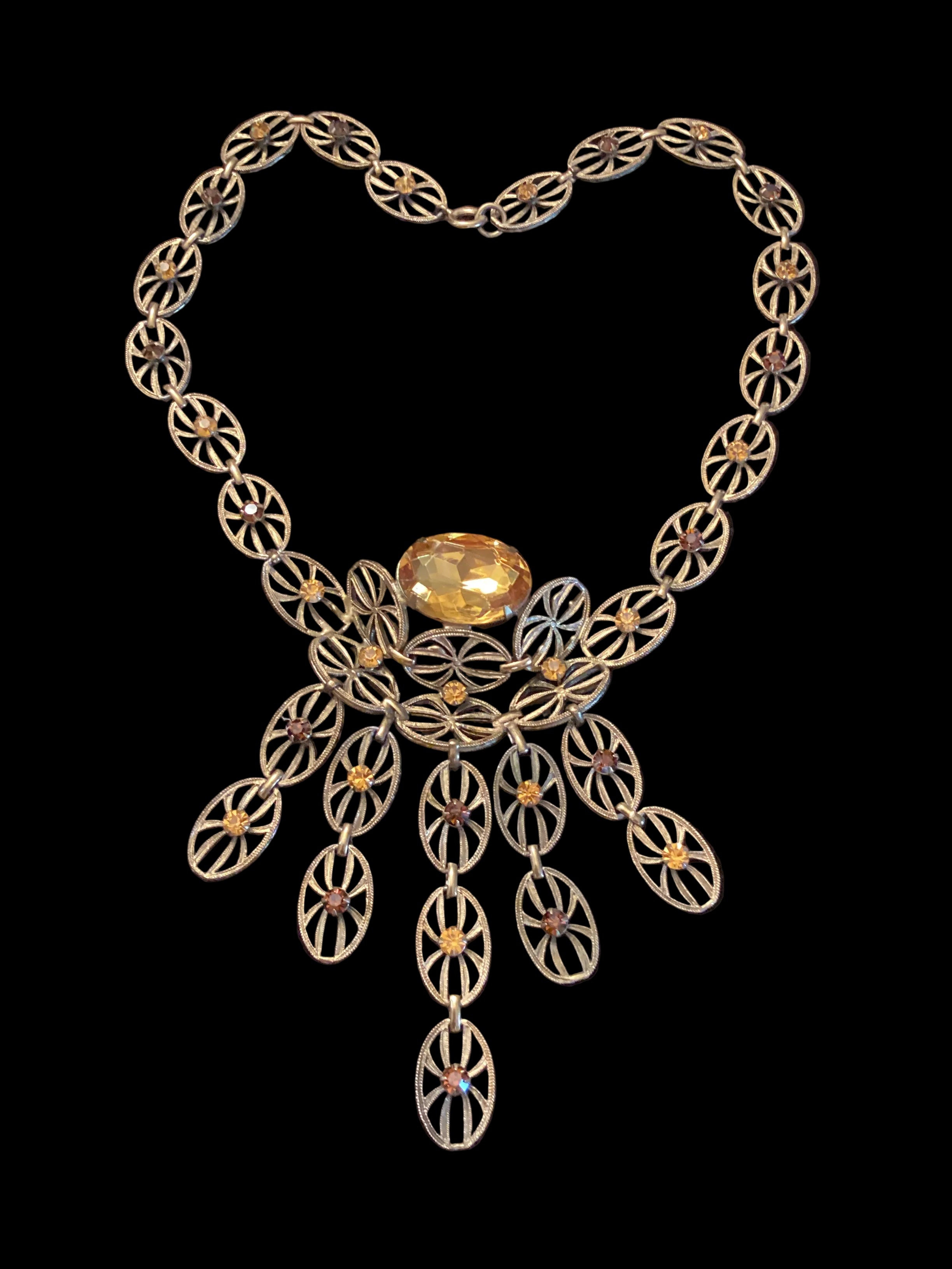 Antique Art Deco Brass Filigree Citrine Glass Necklace & Earrings Set