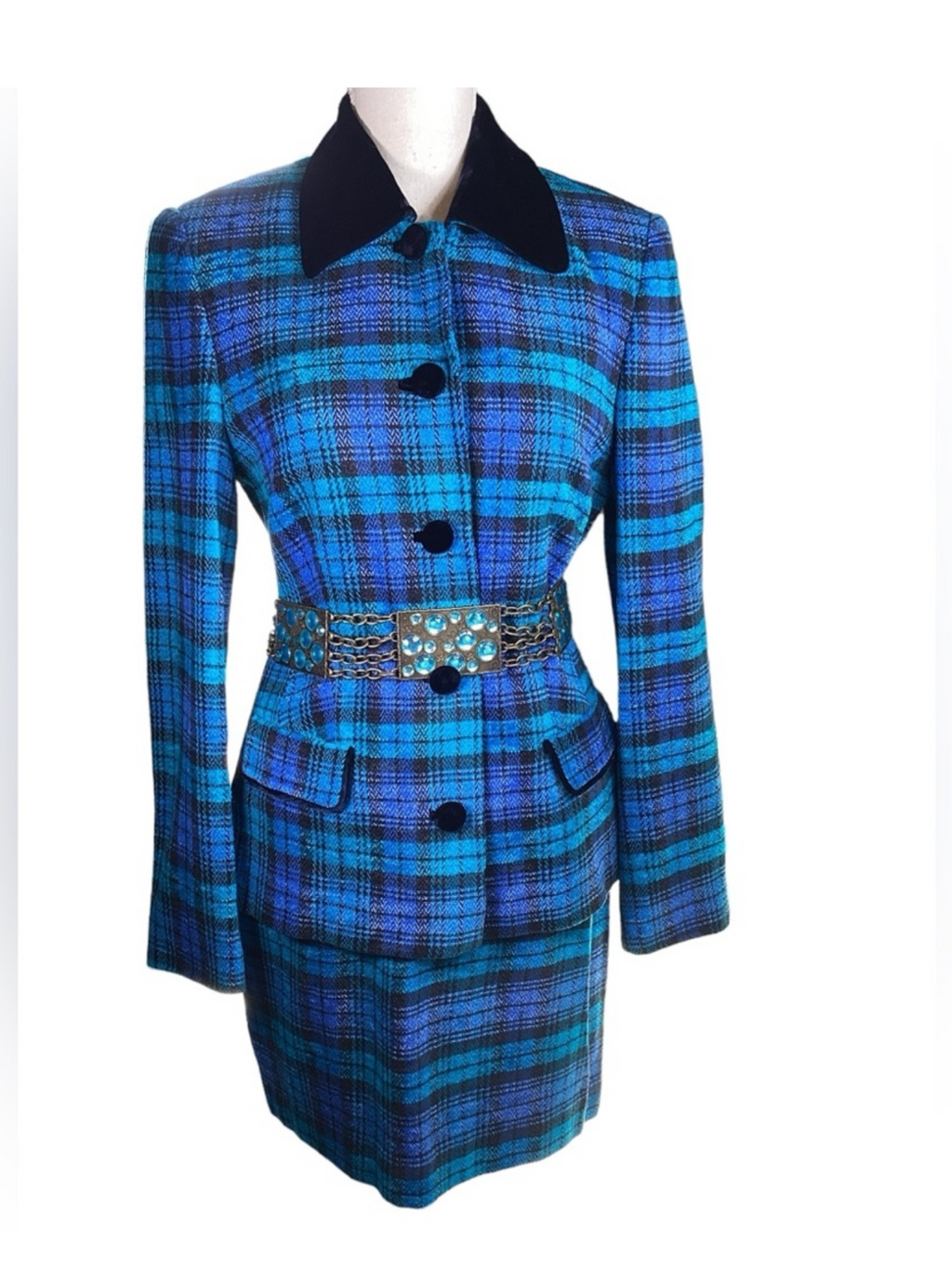 1980's Laurel Blue Plaid & Velvet Suit