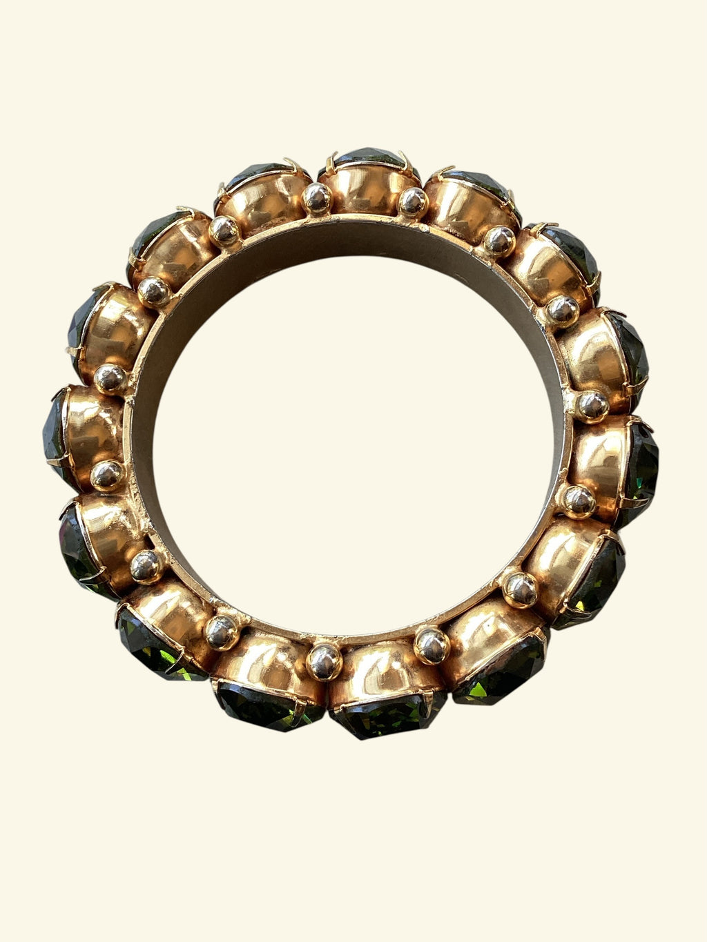 Rare Robert Sorrell Originals Couture Statement Bangle Bracelet - Massive Prismatic Olivine Crystals in 
Ornate Gold-Tone