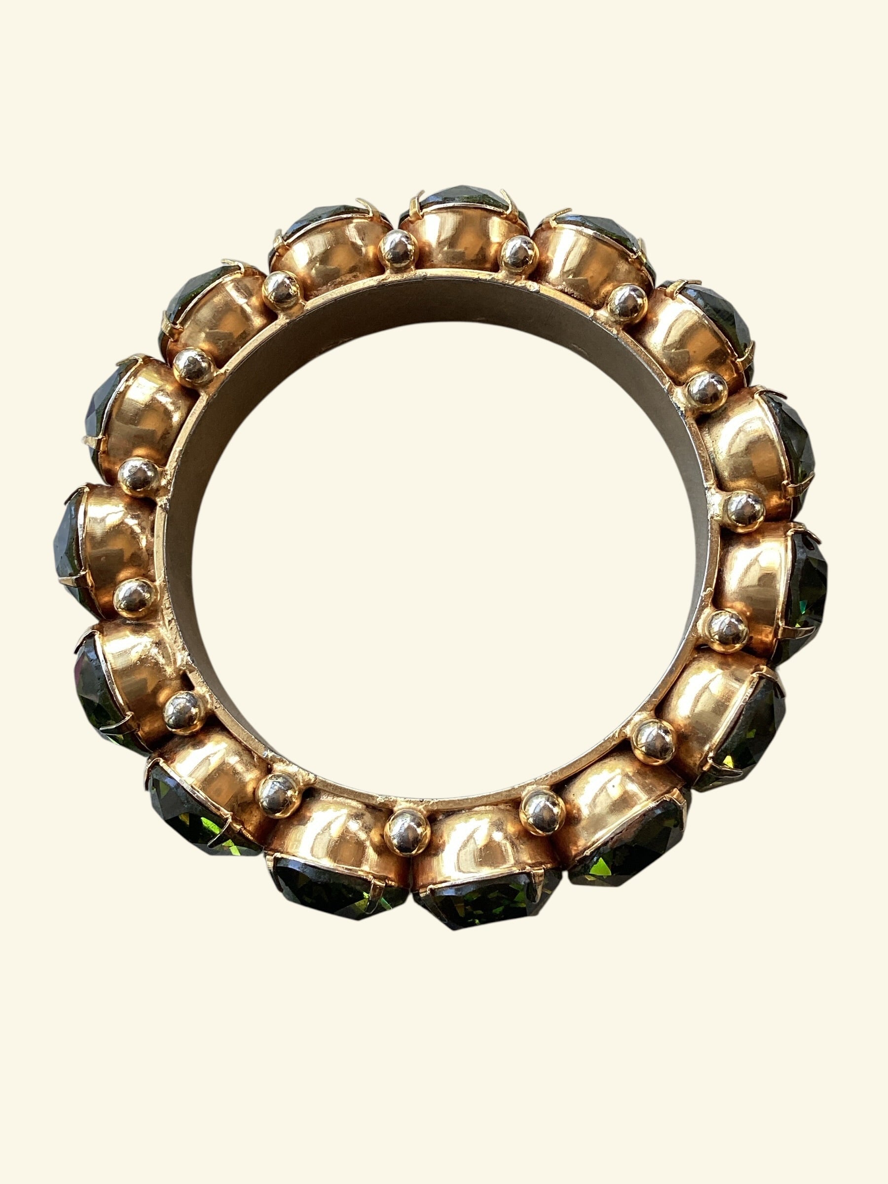 Rare Robert Sorrell Originals Couture Statement Bangle Bracelet - Massive Prismatic Olivine Crystals in 
Ornate Gold-Tone