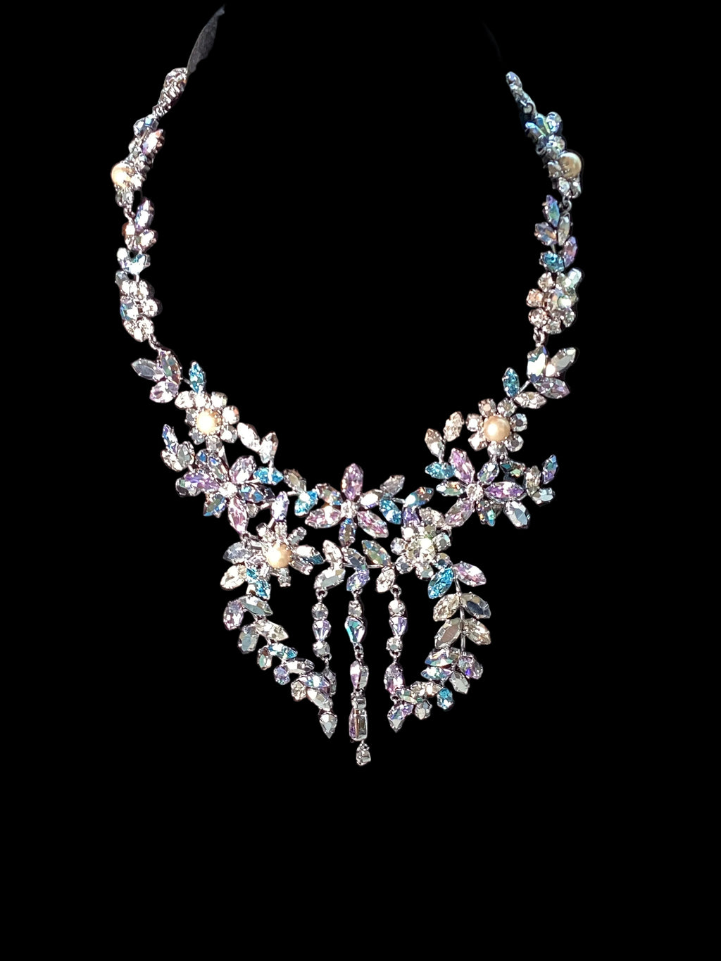 Circa 1950’s Made in Austria Bermuda Blue Rhinestone Bib Necklace & Western Germany Earrings