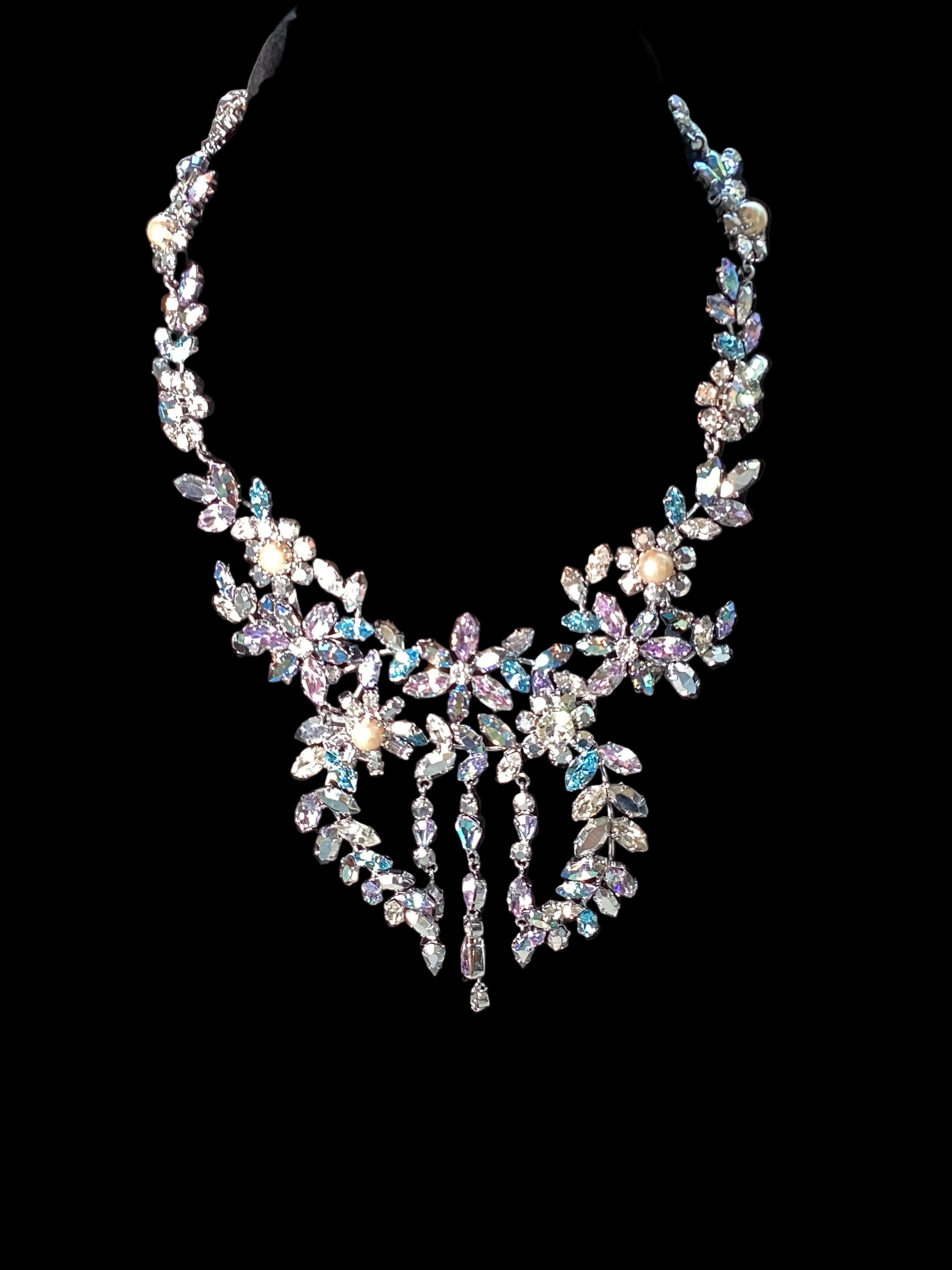 Circa 1950’s Made in Austria Bermuda Blue Rhinestone Bib Necklace & Western Germany Earrings