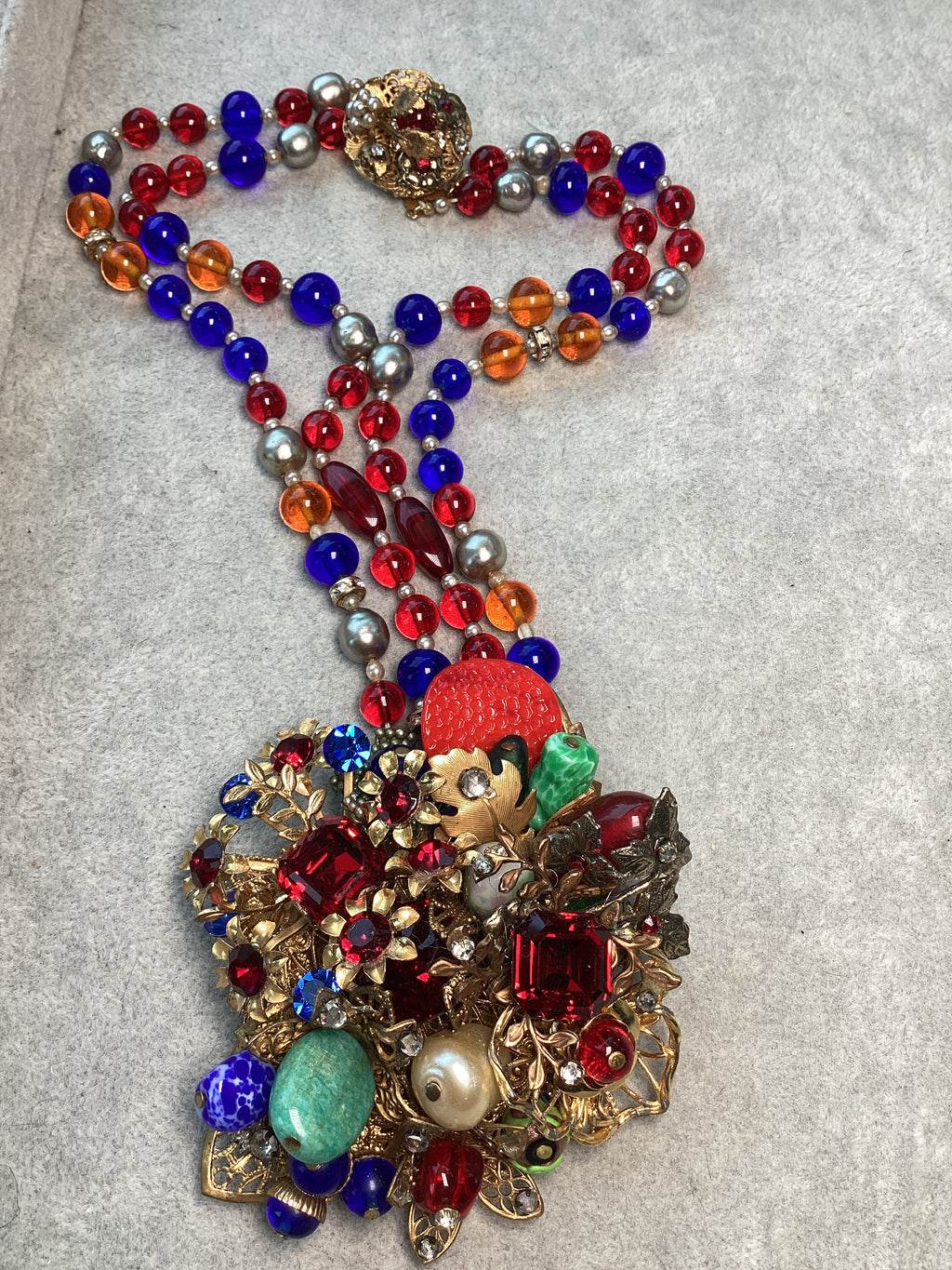 Vintage Mid-Century Beaded Cluster Statement Necklace & Brooch