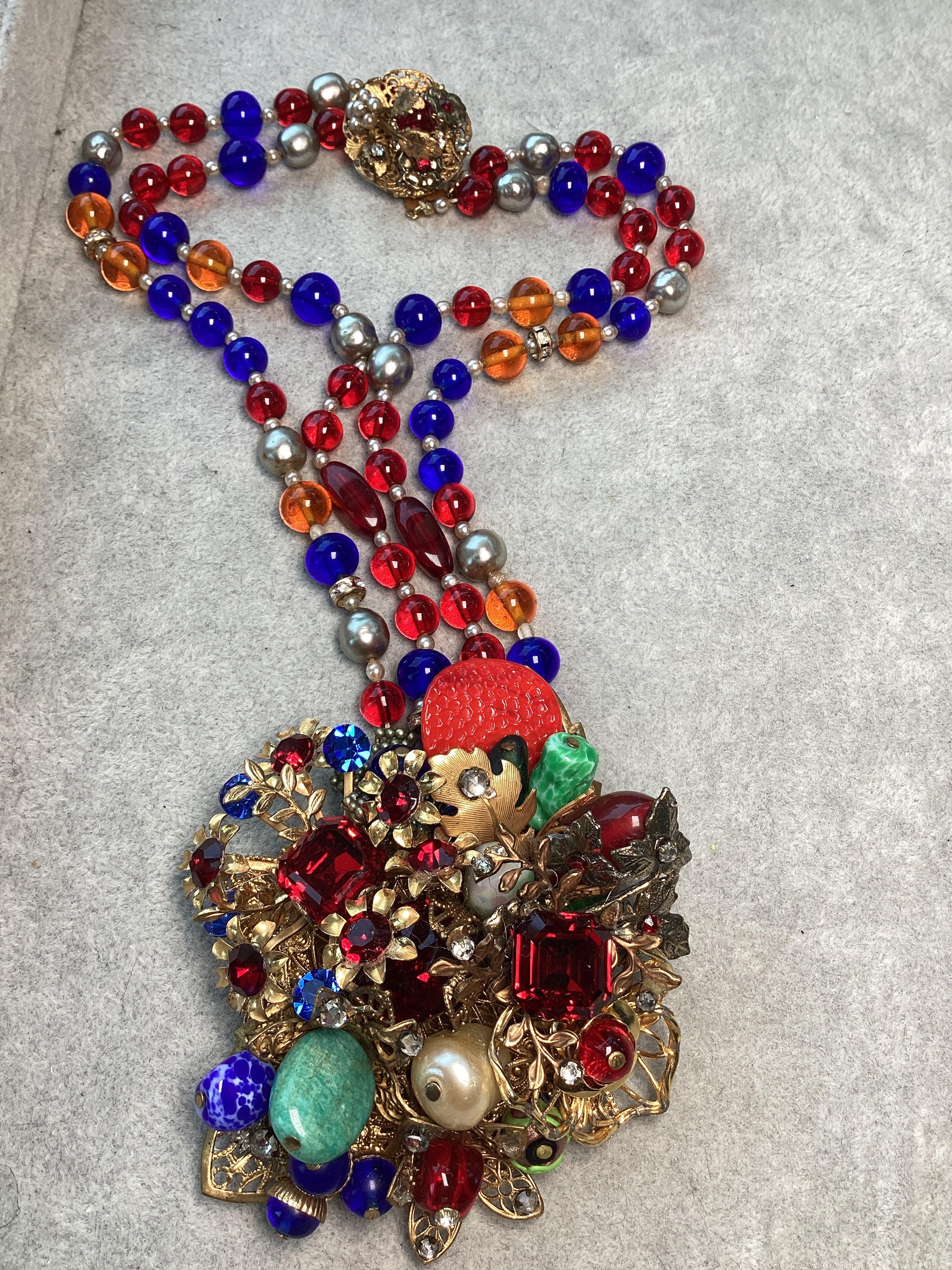 Vintage Mid-Century Beaded Cluster Statement Necklace & Brooch