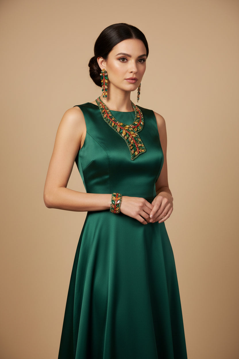 RARE Schreiner NY Emerald, Topaz,Asymmetric Ruffle Necklace,Bracelet,
Earring Demi Parure