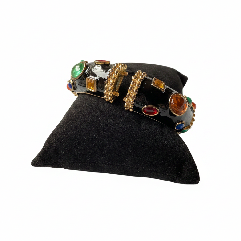 Circa 1980’s Kenneth Jay Lane KJL Multi-Strand Multi-Color Cabochon Black Enamel Necklace & Bangle Set