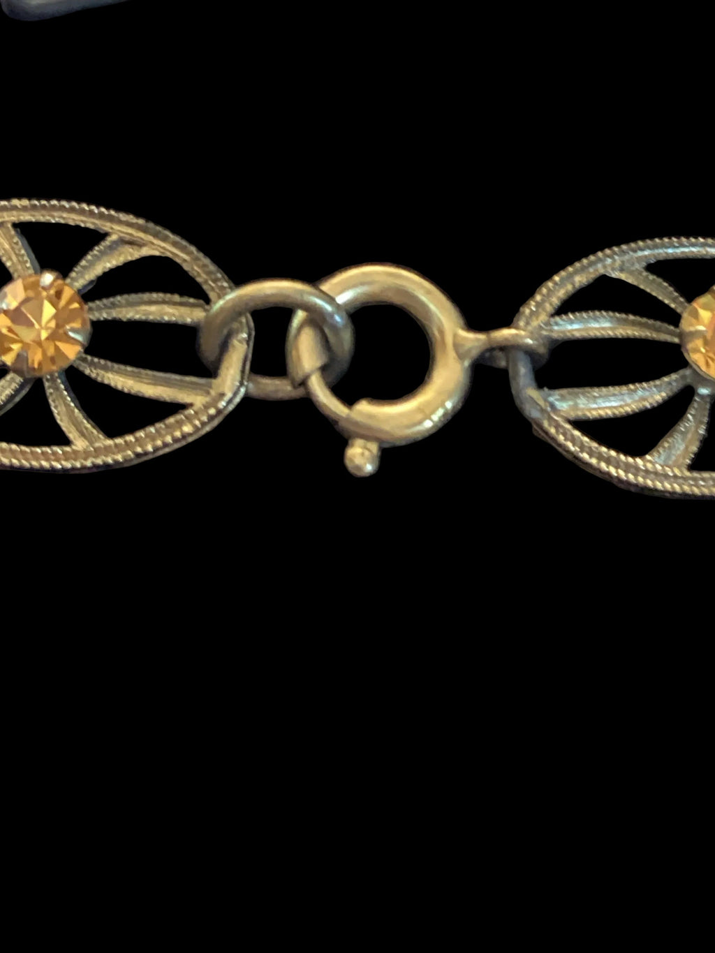Antique Art Deco Brass Filigree Citrine Glass Necklace & Earrings Set