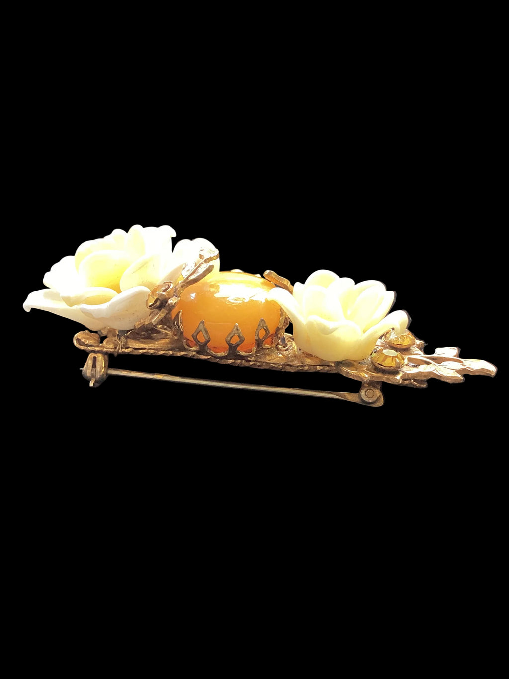 Vintage Miriam Haskell Rose & Butterscotch Cabochon Glass Brooch