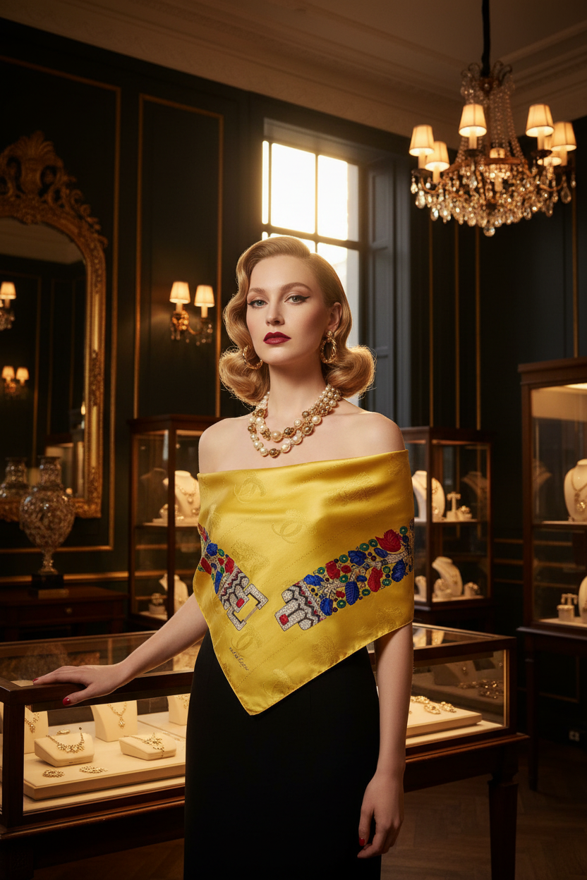 Cartier 1980's Jeweled Belt Yellow Silk Scarf