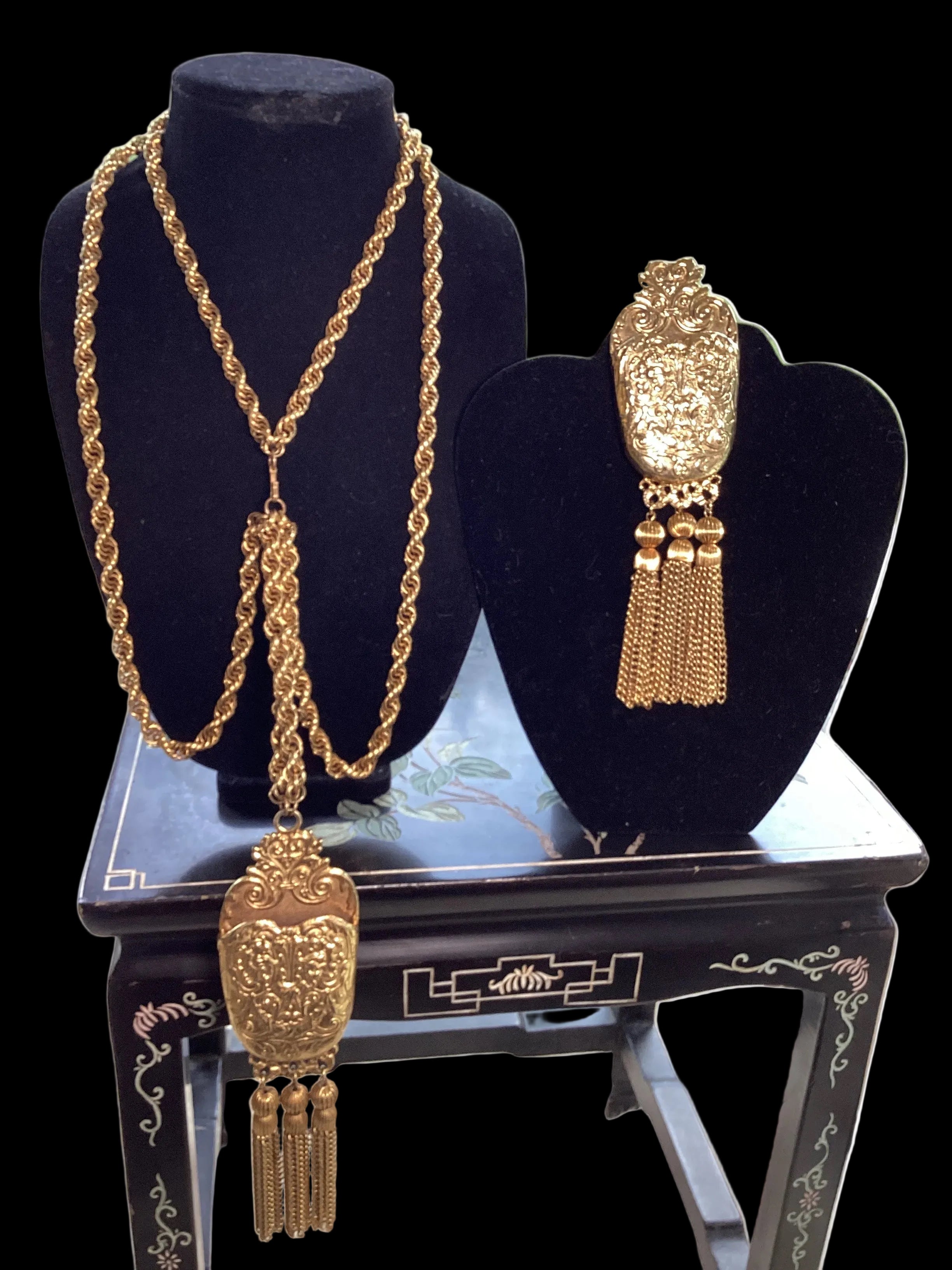 Circa 1960 Pauline Rader Etruscan Pouch Pendant Necklace & Matching Tassel Brooch Runway Couture Set