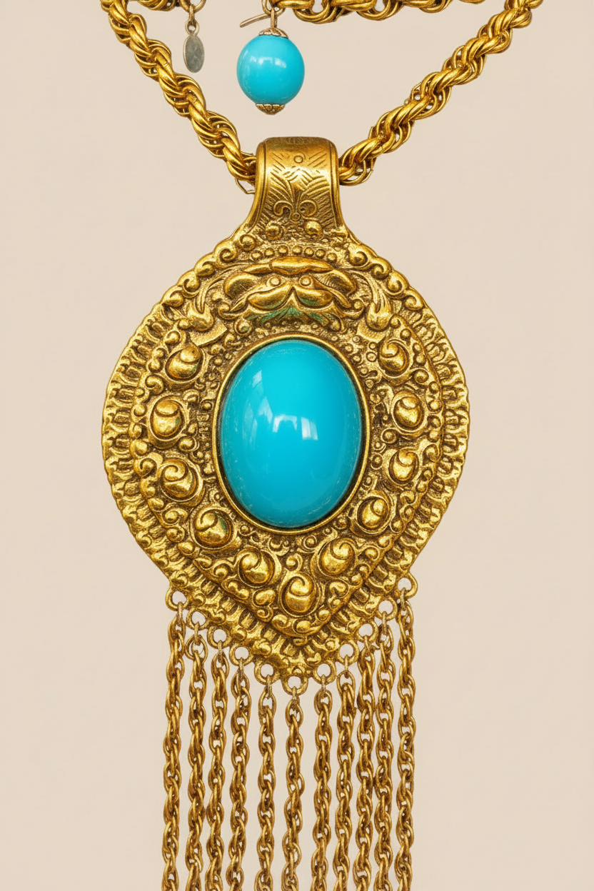 1970 Cadoro Etruscan Revival Turquois Pendant Necklace