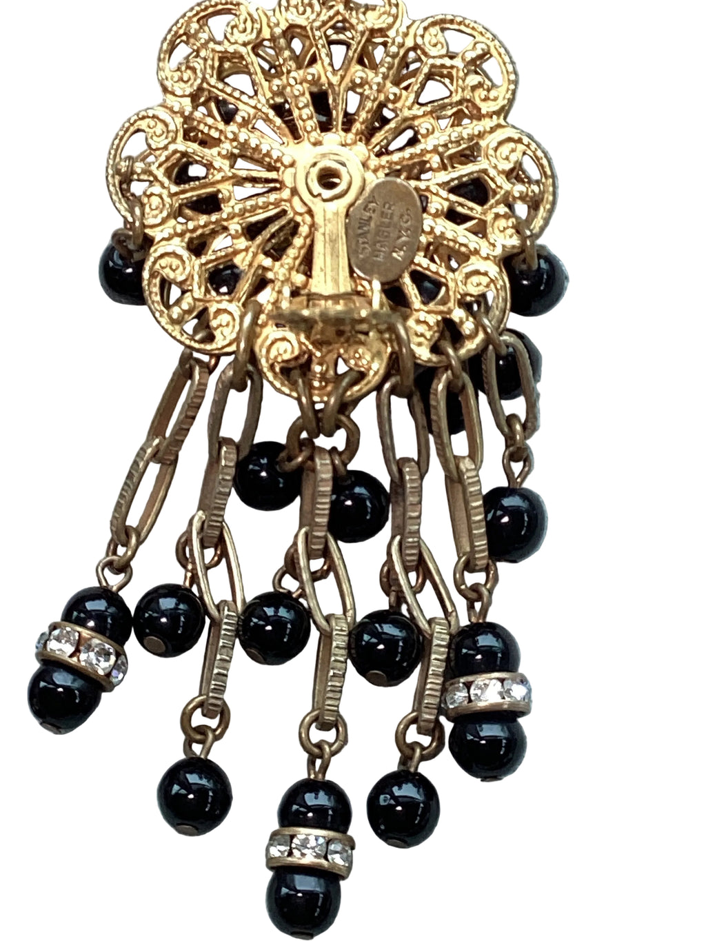 Rare Vintage Stanley Hagler N.Y.C. Jet Black Bead & Crystal Waterfall Earrings