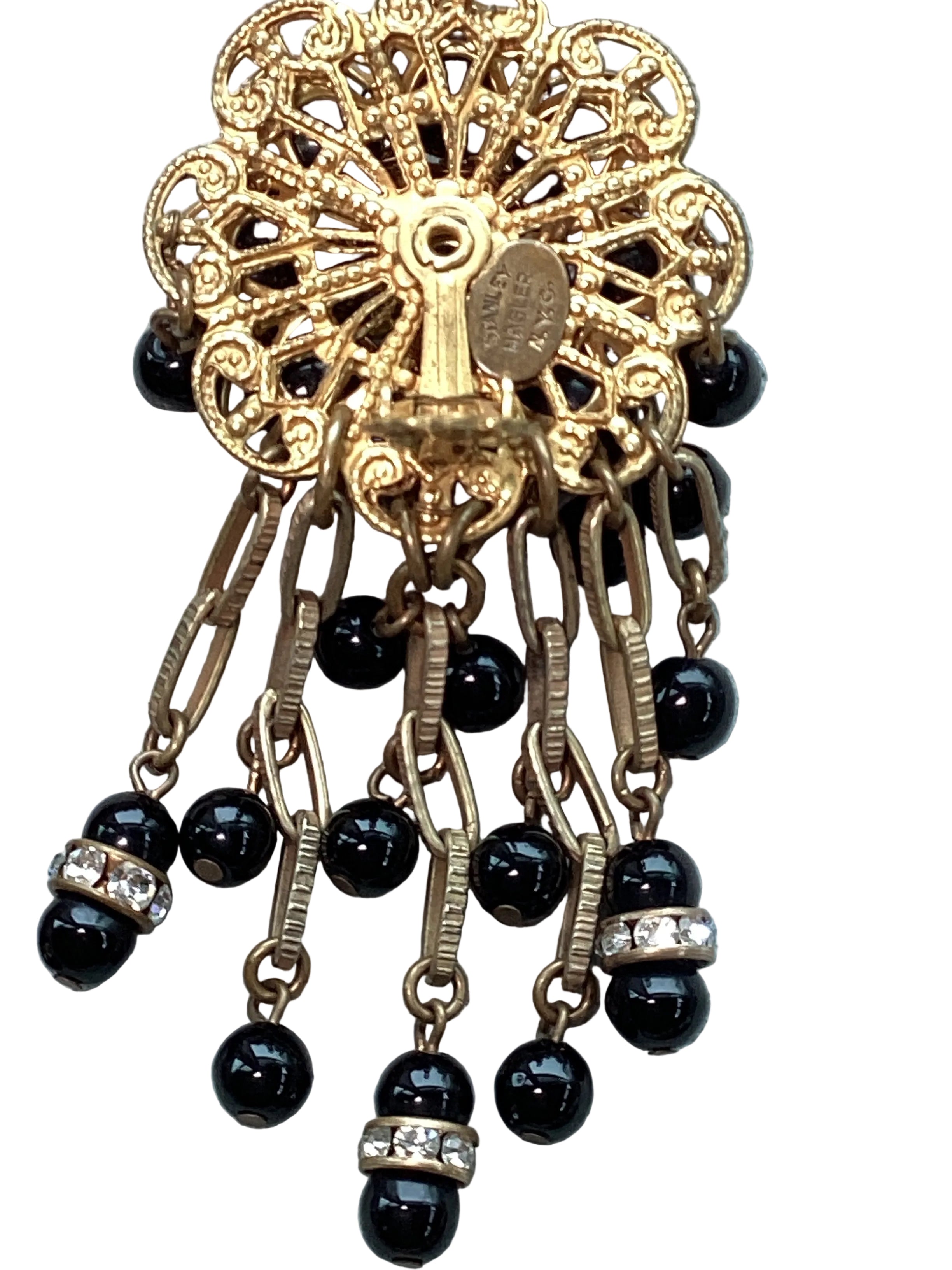 Rare Vintage Stanley Hagler N.Y.C. Jet Black Bead & Crystal Waterfall Earrings