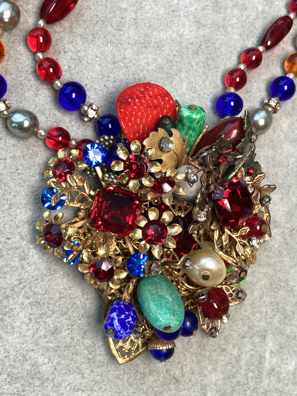 Vintage Mid-Century Beaded Cluster Statement Necklace & Brooch