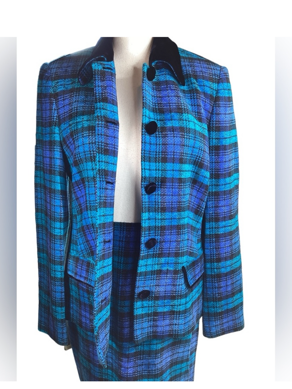 1980's Laurel Blue Plaid & Velvet Suit