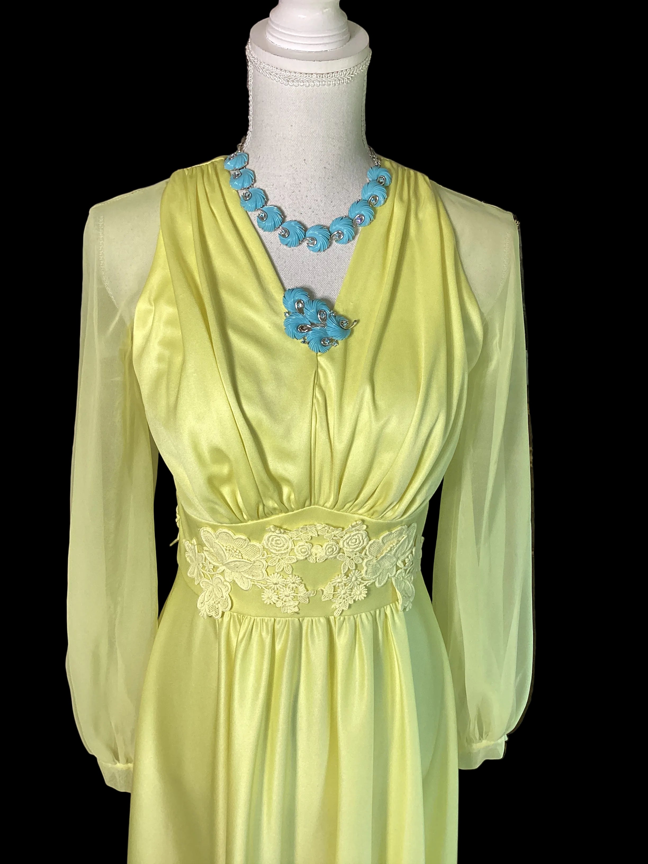 VTG 1970s Lemon Yellow Chiffon Maxi Dress