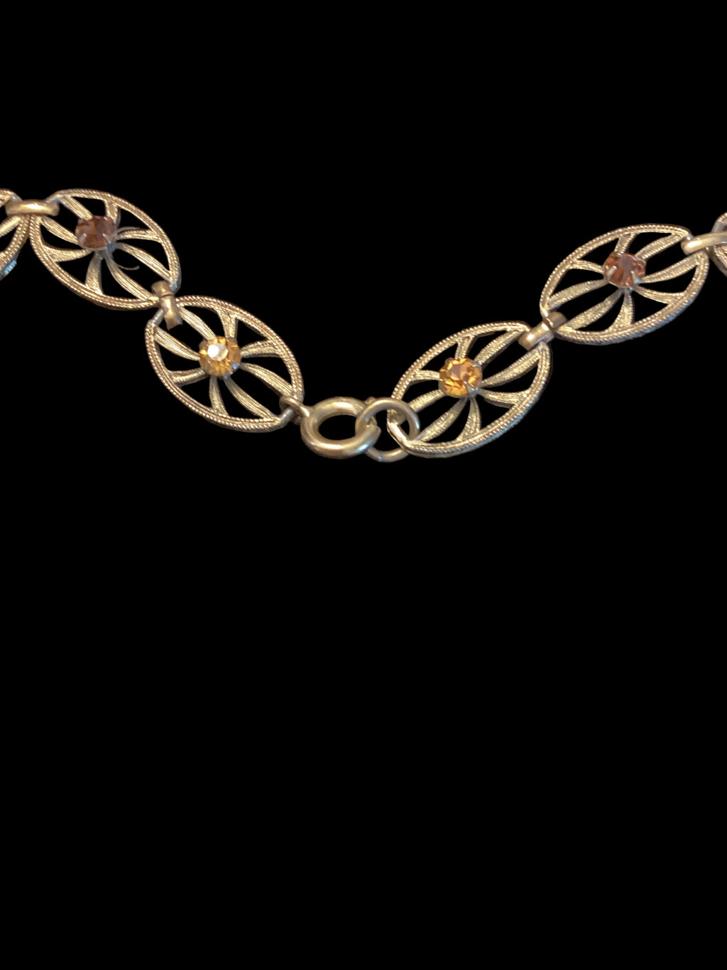 Antique Art Deco Brass Filigree Citrine Glass Necklace & Earrings Set