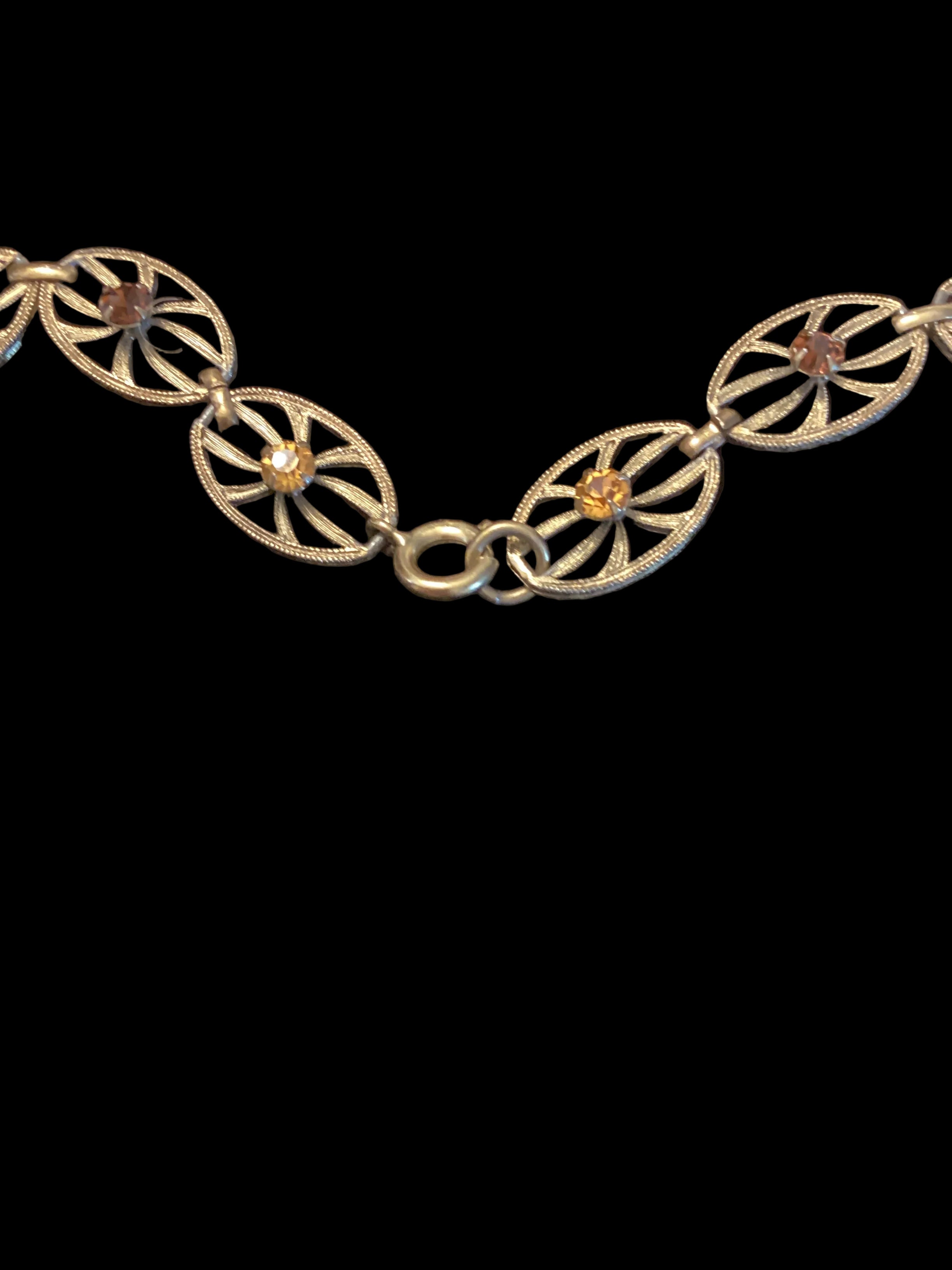 Antique Art Deco Brass Filigree Citrine Glass Necklace & Earrings Set