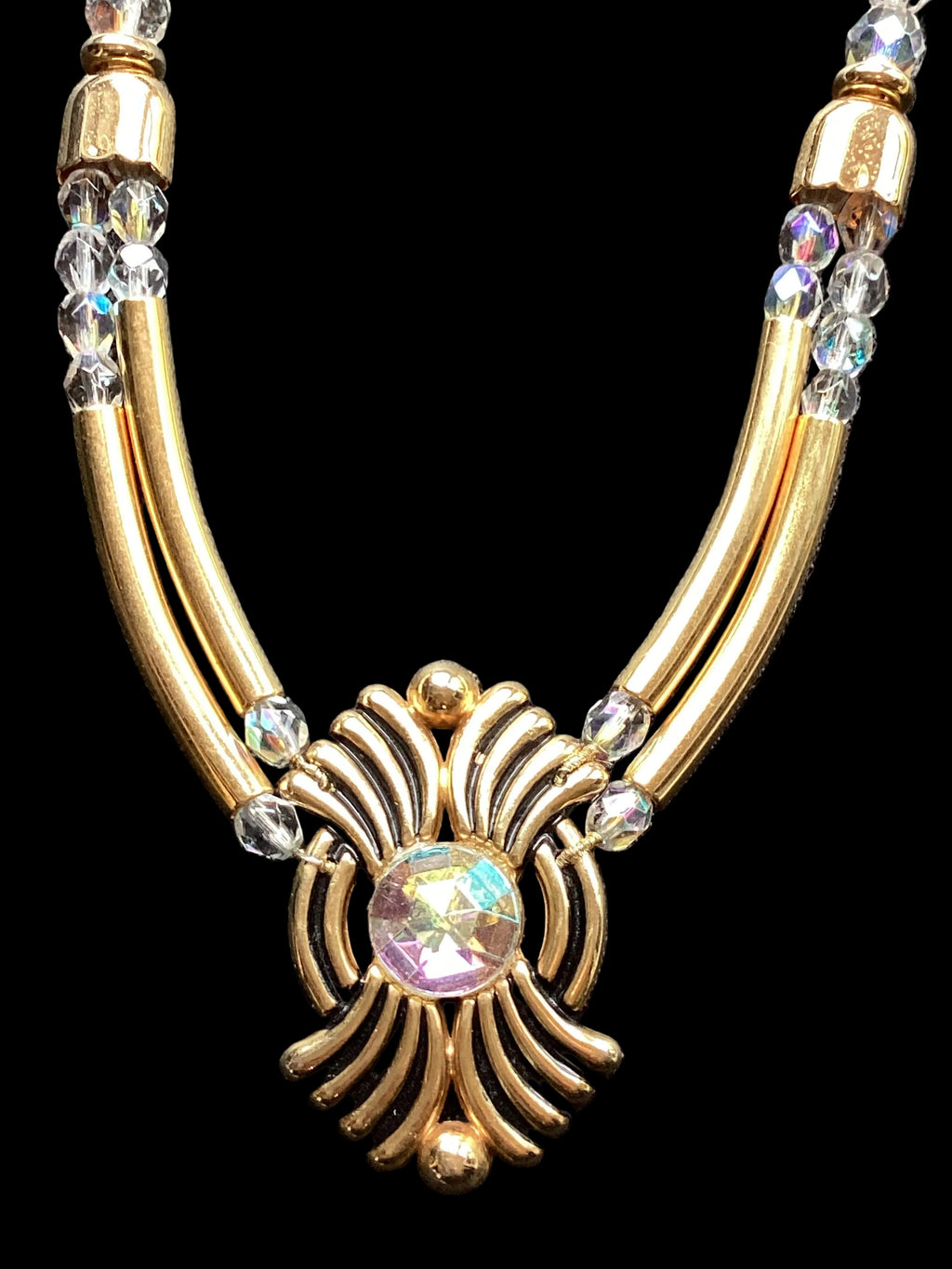 Laure de Gazaillan Paris Statement 1980’s Runway Couture Parure – Gold-Tone Double Gas-Pipe Necklace & Clip-On Earrings