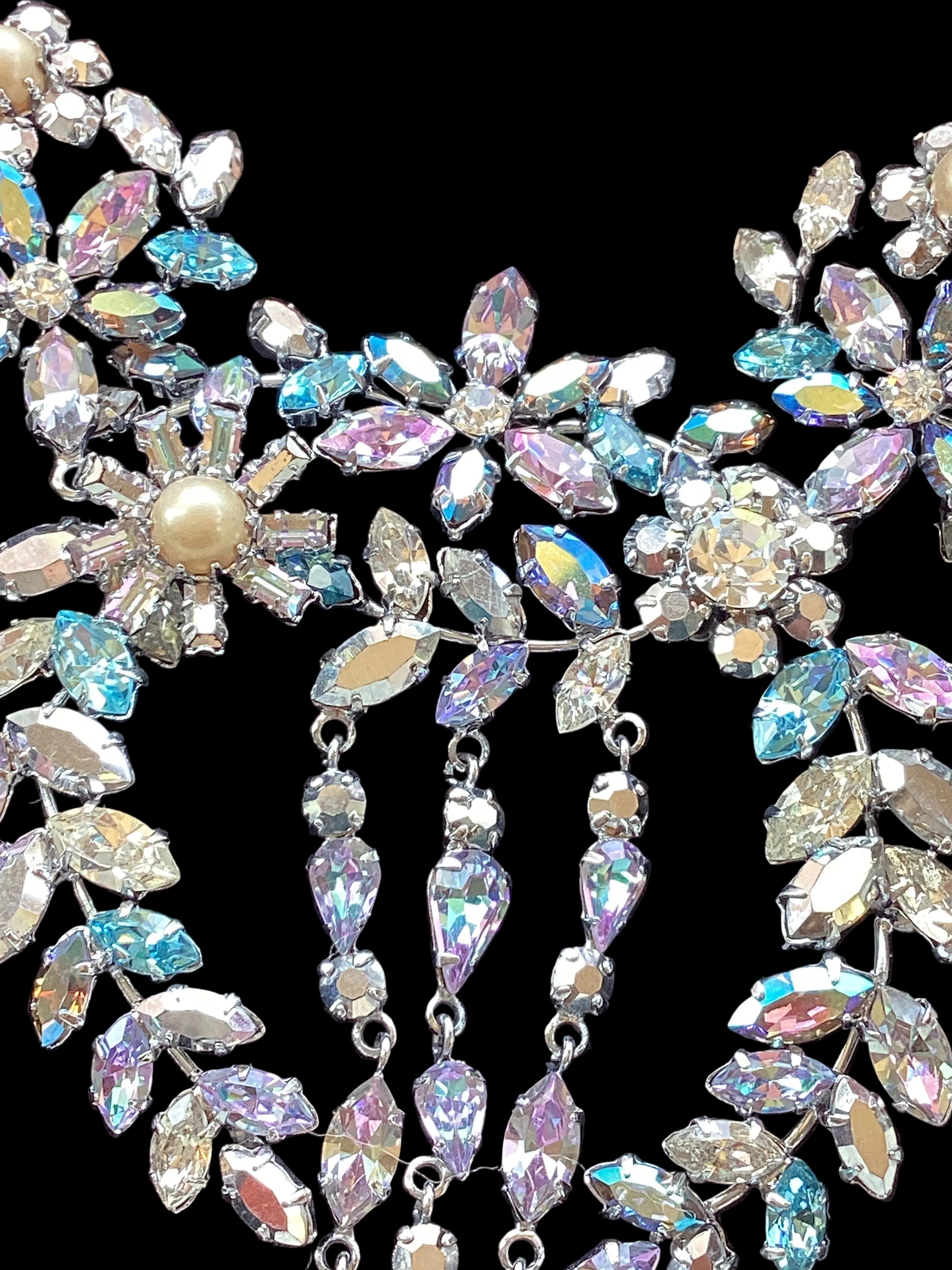 Circa 1950’s Made in Austria Bermuda Blue Rhinestone Bib Necklace & Western Germany Earrings