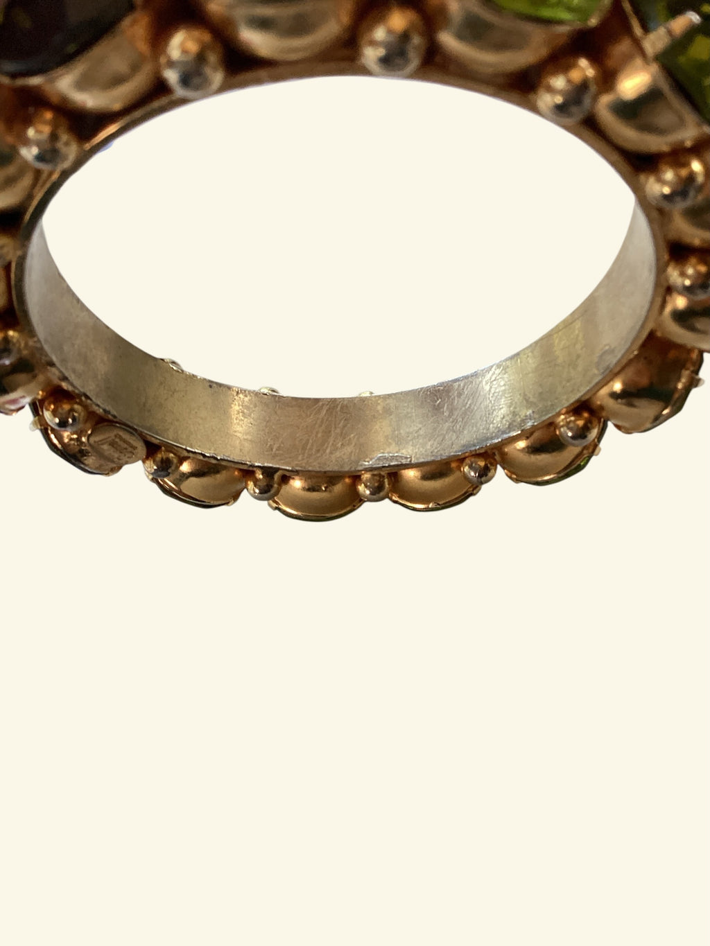 Rare Robert Sorrell Originals Couture Statement Bangle Bracelet - Massive Prismatic Olivine Crystals in 
Ornate Gold-Tone