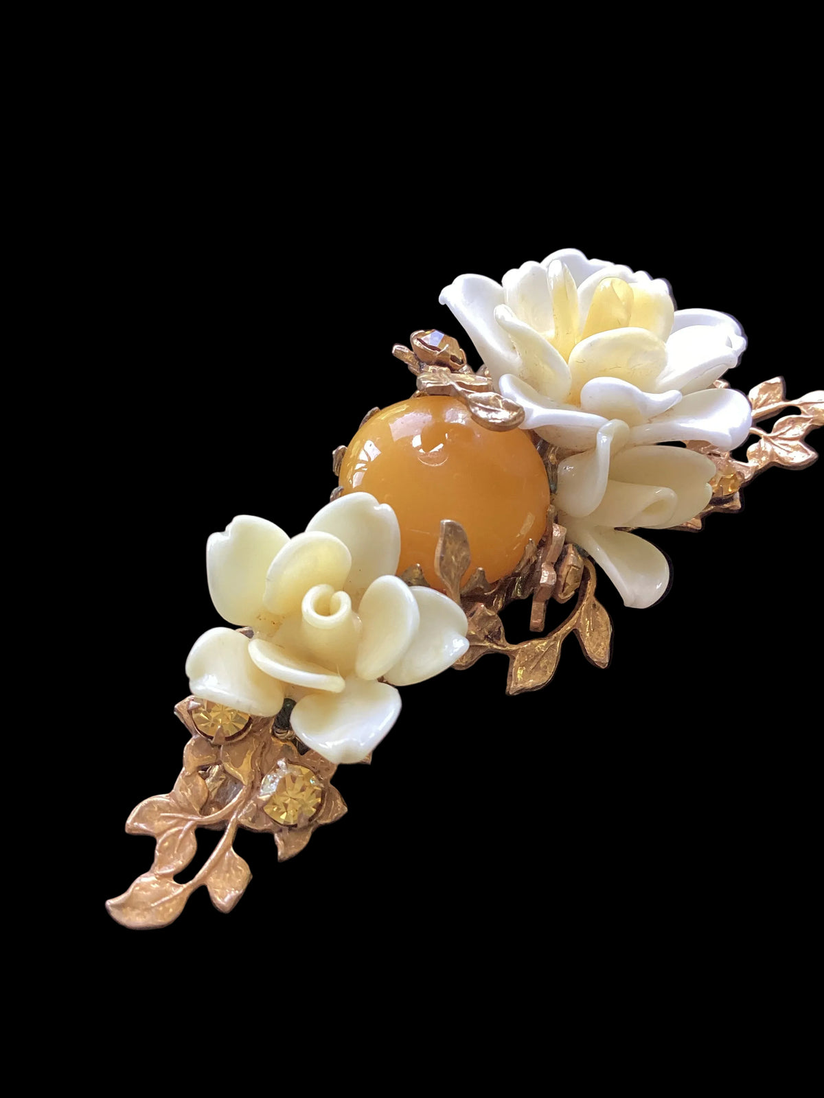 Vintage Miriam Haskell Rose & Butterscotch Cabochon Glass Brooch