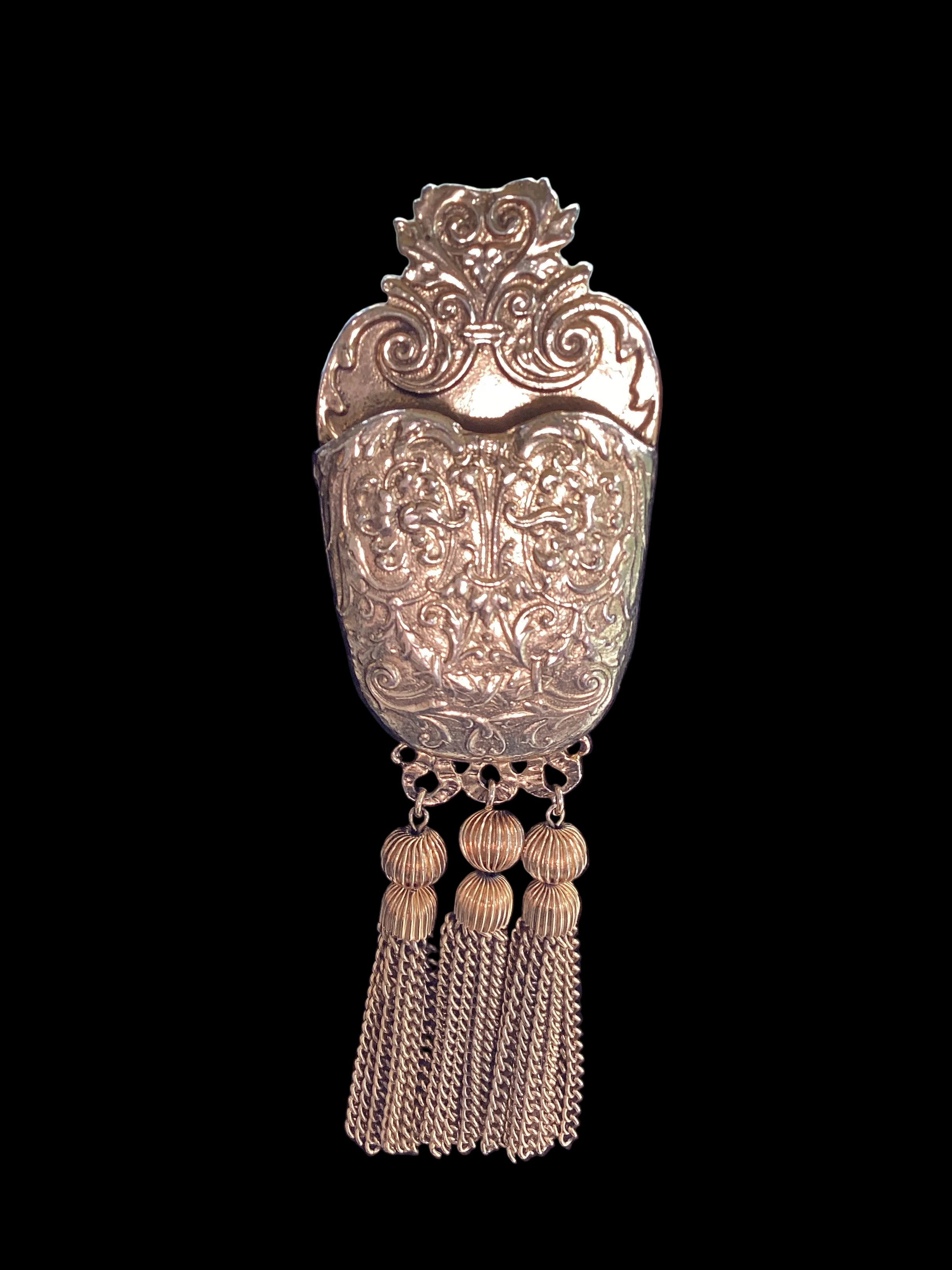 Circa 1960 Pauline Rader Etruscan Pouch Pendant Necklace & Matching Tassel Brooch Runway Couture Set