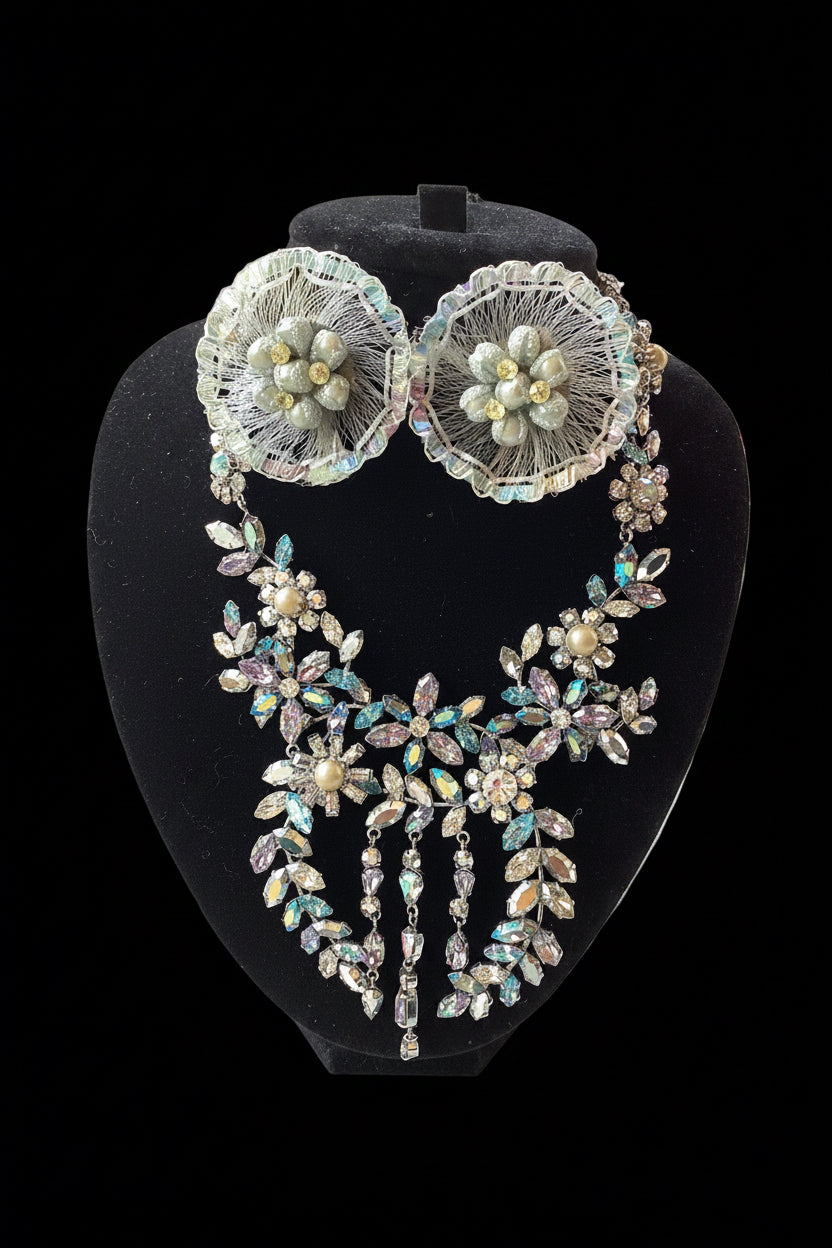 Circa 1950’s Made in Austria Bermuda Blue Rhinestone Bib Necklace & Western Germany Earrings