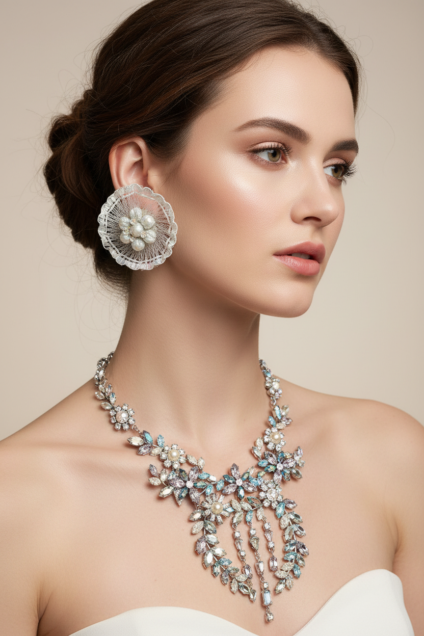Circa 1950’s Made in Austria Bermuda Blue Rhinestone Bib Necklace & Western Germany Earrings