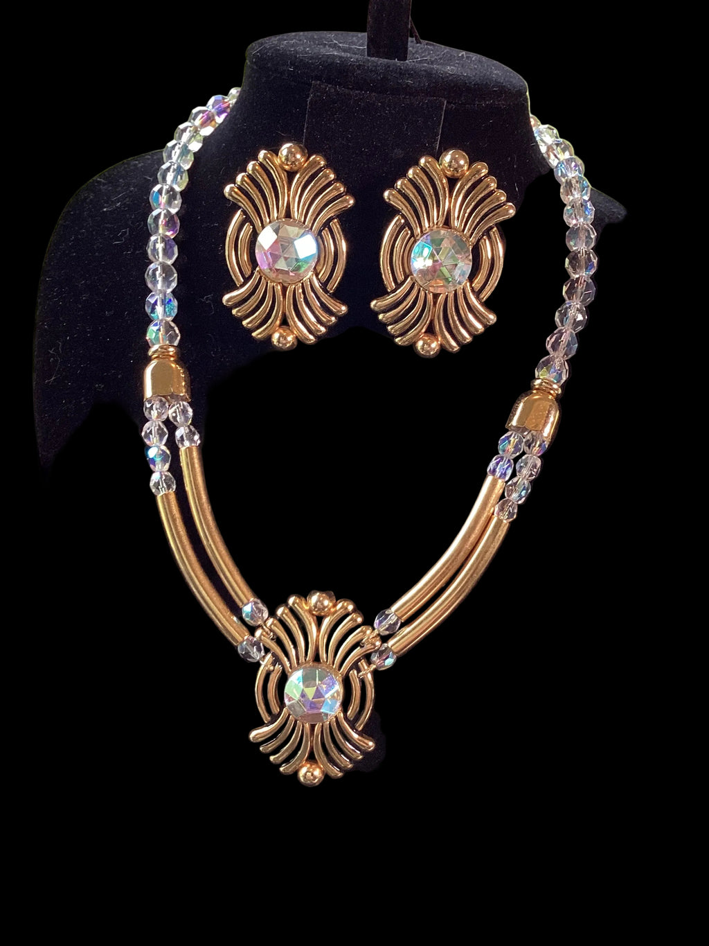Laure de Gazaillan Paris Statement 1980’s Runway Couture Parure – Gold-Tone Double Gas-Pipe Necklace & Clip-On Earrings