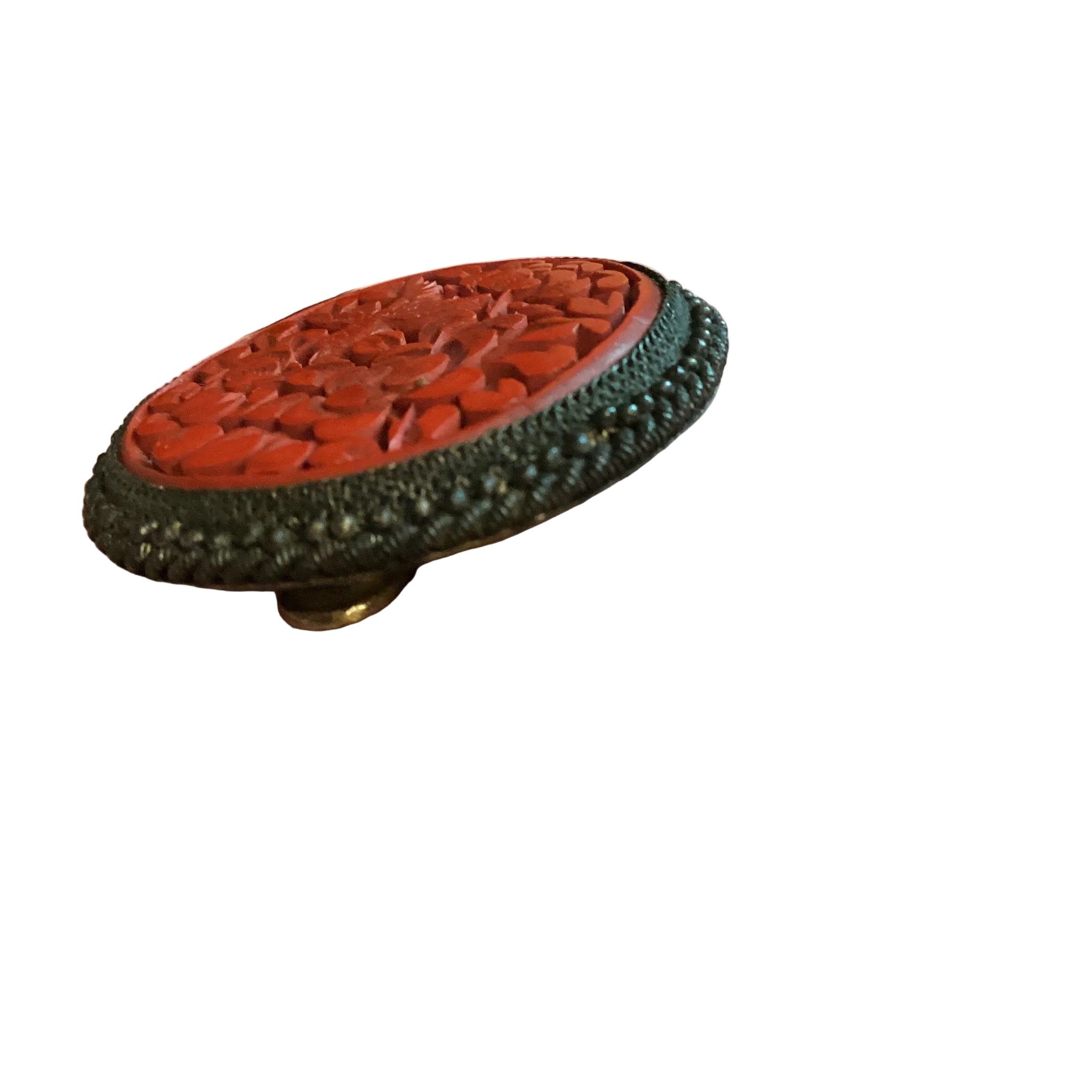 Antique 1920s Chinese Export Carved Cinnabar Dress/Fur Clip, Art Deco Bird & Peony Flower