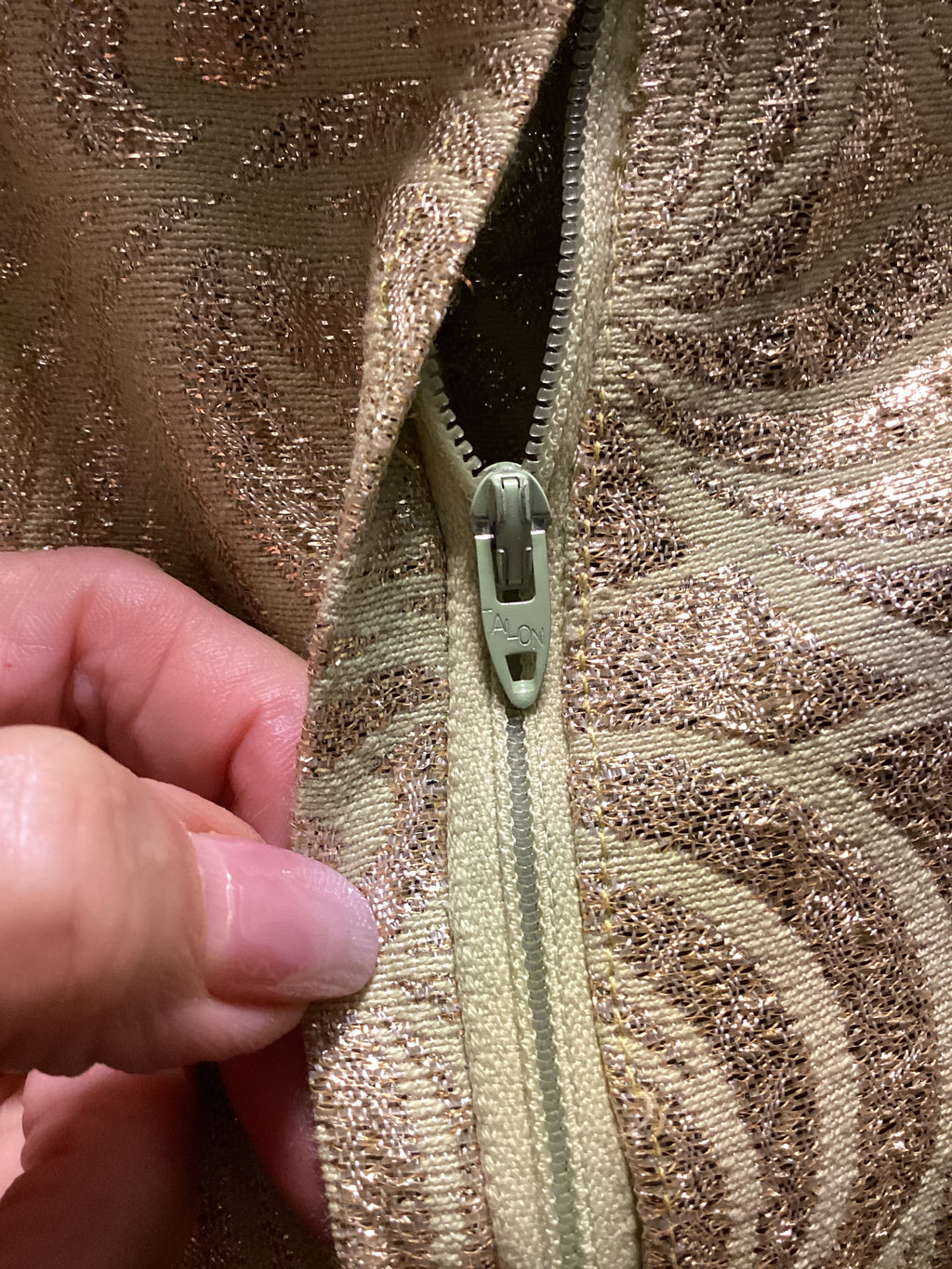 Vintage 1960s Malouf Design Perfect Negligee Hostess Gown - Pale Lime & Gold Metallic Brocade Lamé
with Pristine Mink Fur Portrait Collar & Cuffs