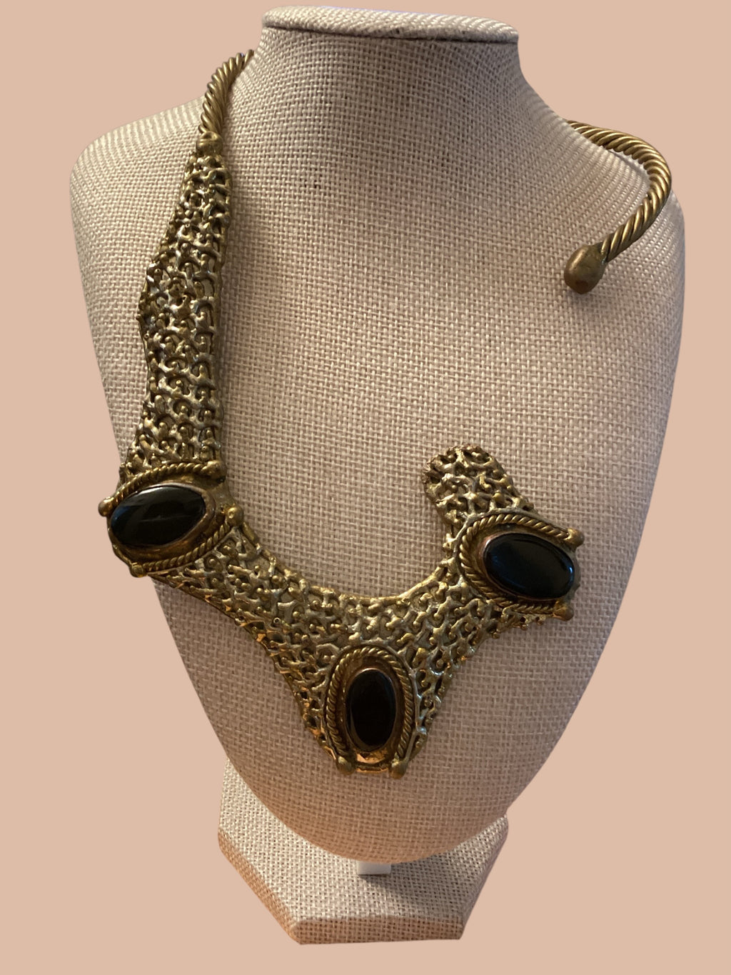 1960s Mexican Brutalist Brass & Onyx Handcrafted Collar Necklace