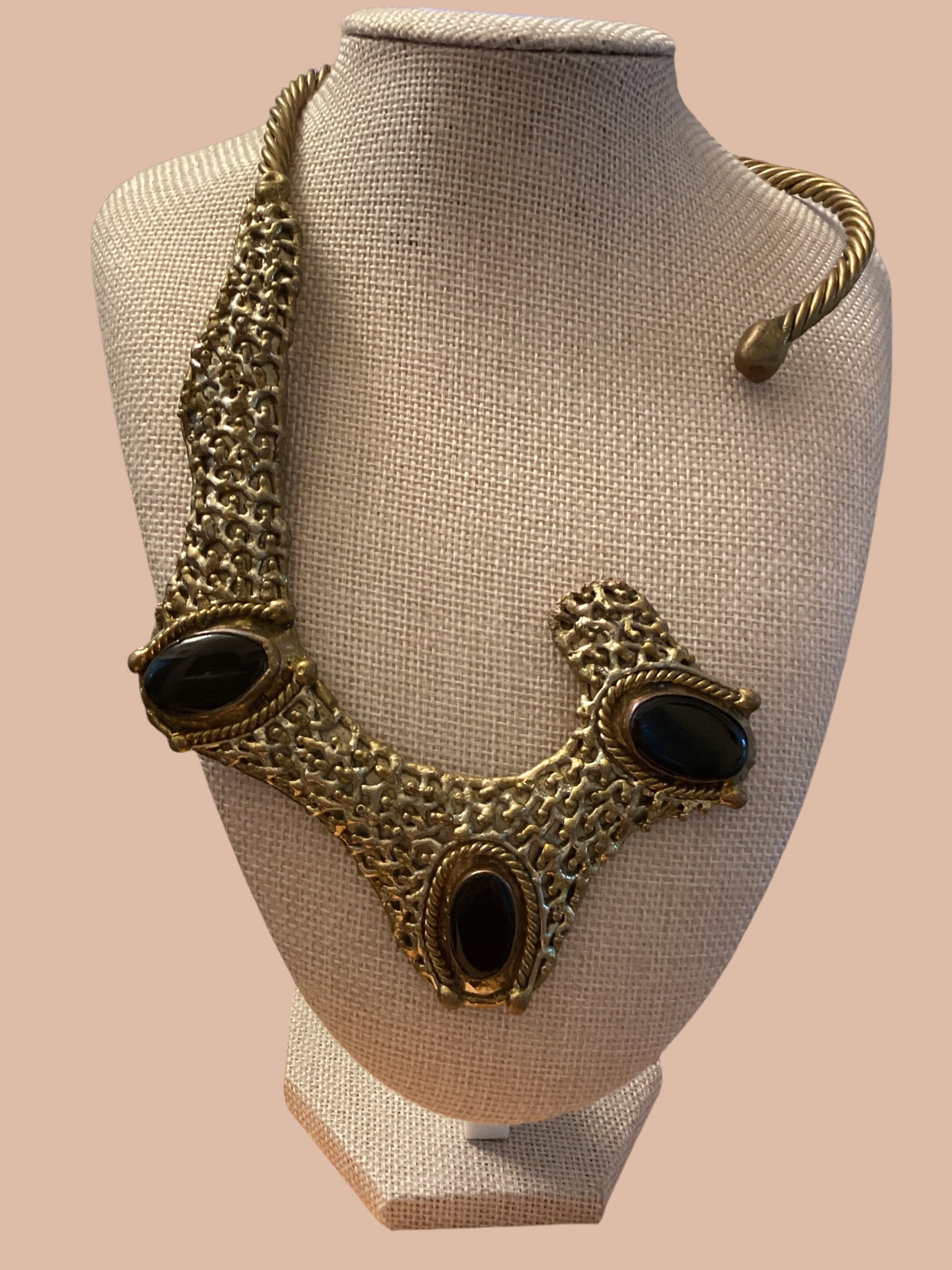 1960s Mexican Brutalist Brass & Onyx Handcrafted Collar Necklace