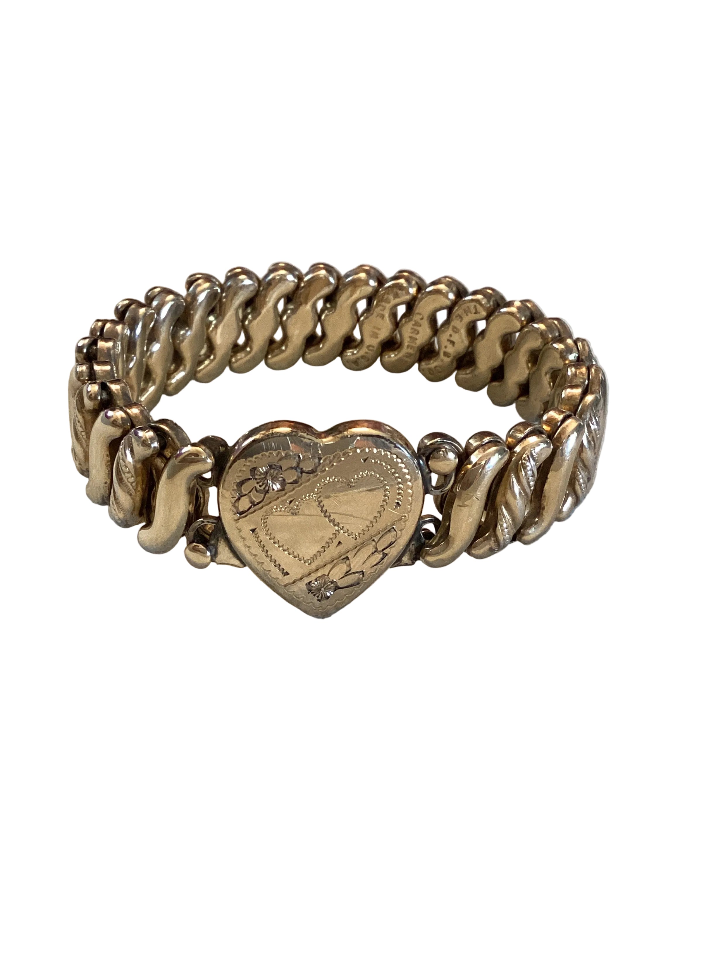 WW1 Era
Antique D.F.Briggs Co. Carmen Sweetheart Expansion Bracelet Gold Filled Double Heart Circa 1903-1922