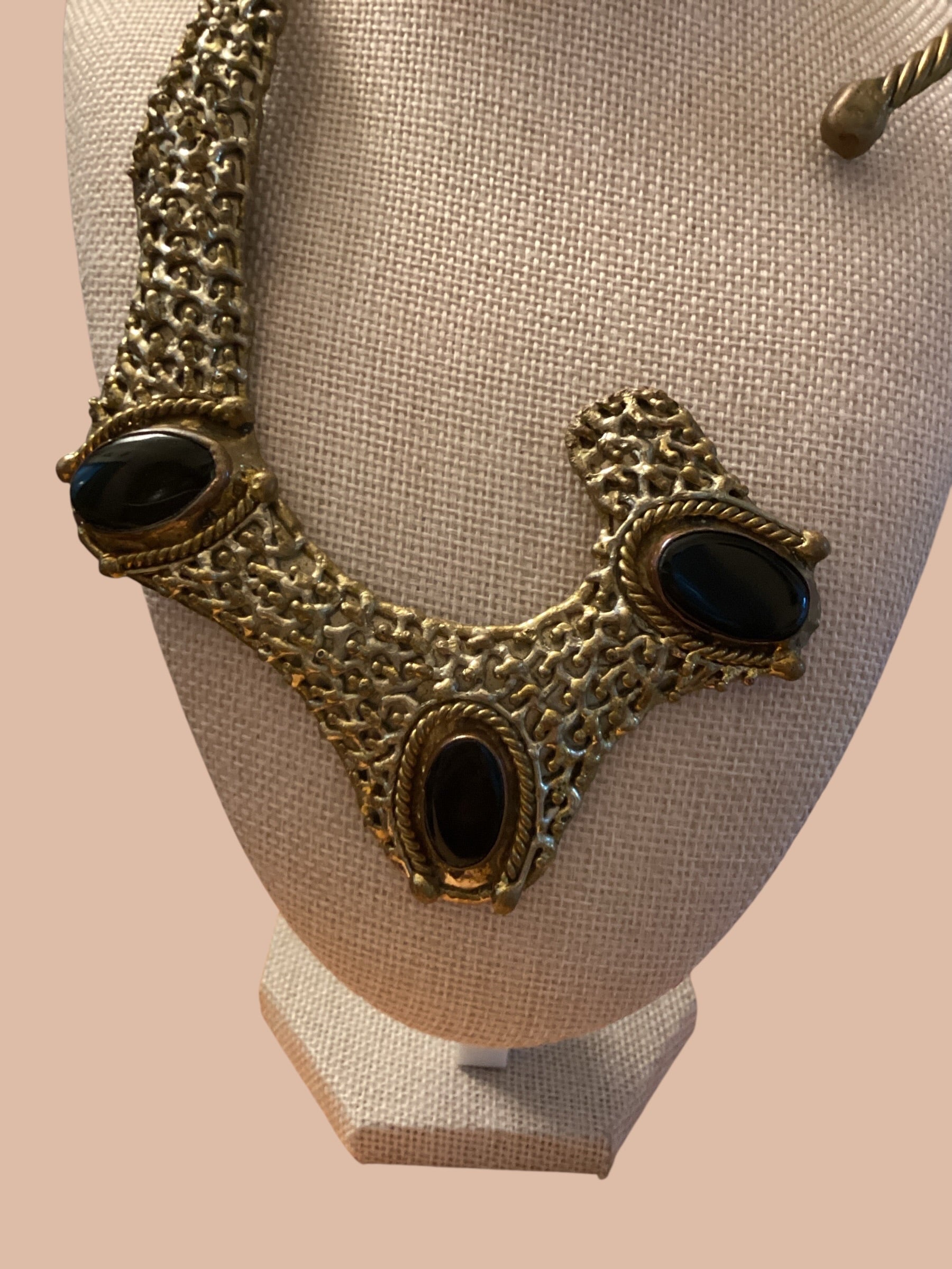 1960s Mexican Brutalist Brass & Onyx Handcrafted Collar Necklace